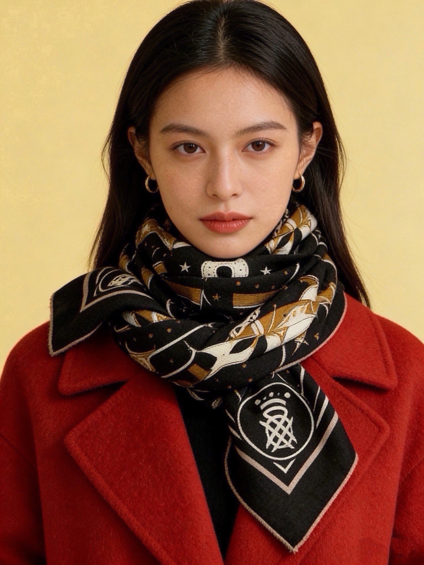 “清晨漫步Bandana”140厘米双面同色丝绒披肩 手工卷边山羊绒和真丝混纺披肩（70%山羊绒，30%桑蚕丝）。 这款