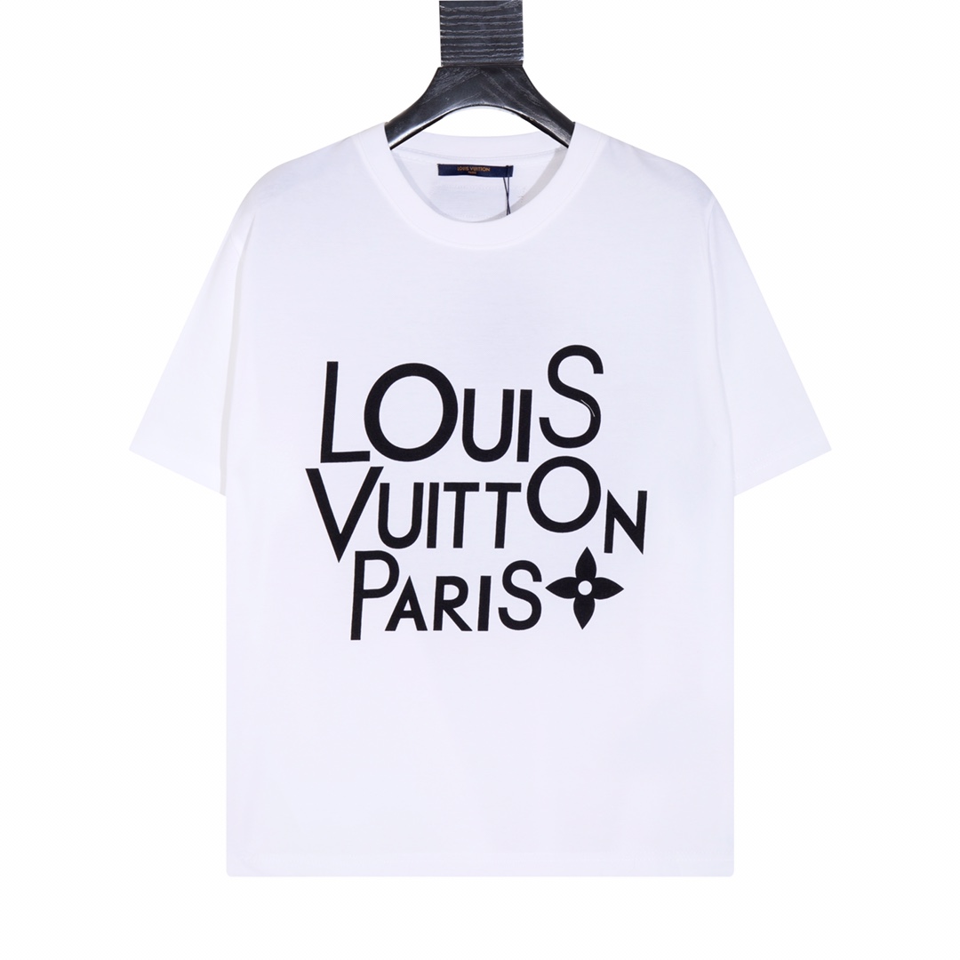 Louis Vuitton Clothing T-Shirt Black White Printing Unisex Cotton Spring/Summer Collection Short Sleeve
