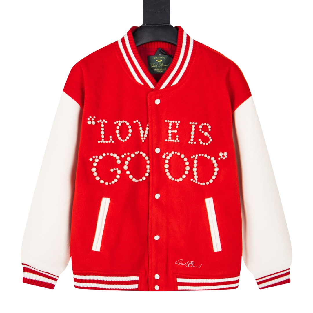 款号Y629 GOODBRAND秋冬Loveisgood经典标语衬衫时尚高级美式拼色棒球服 ​:采用原版定制主唛区别外面一眼假 :定制原版哑光扣子 对应原版 :无复合真实720g羊毛+人棉 加厚1.3荔枝皮 定制2×2高品质不变形螺纹 颜色:黑色 红色
