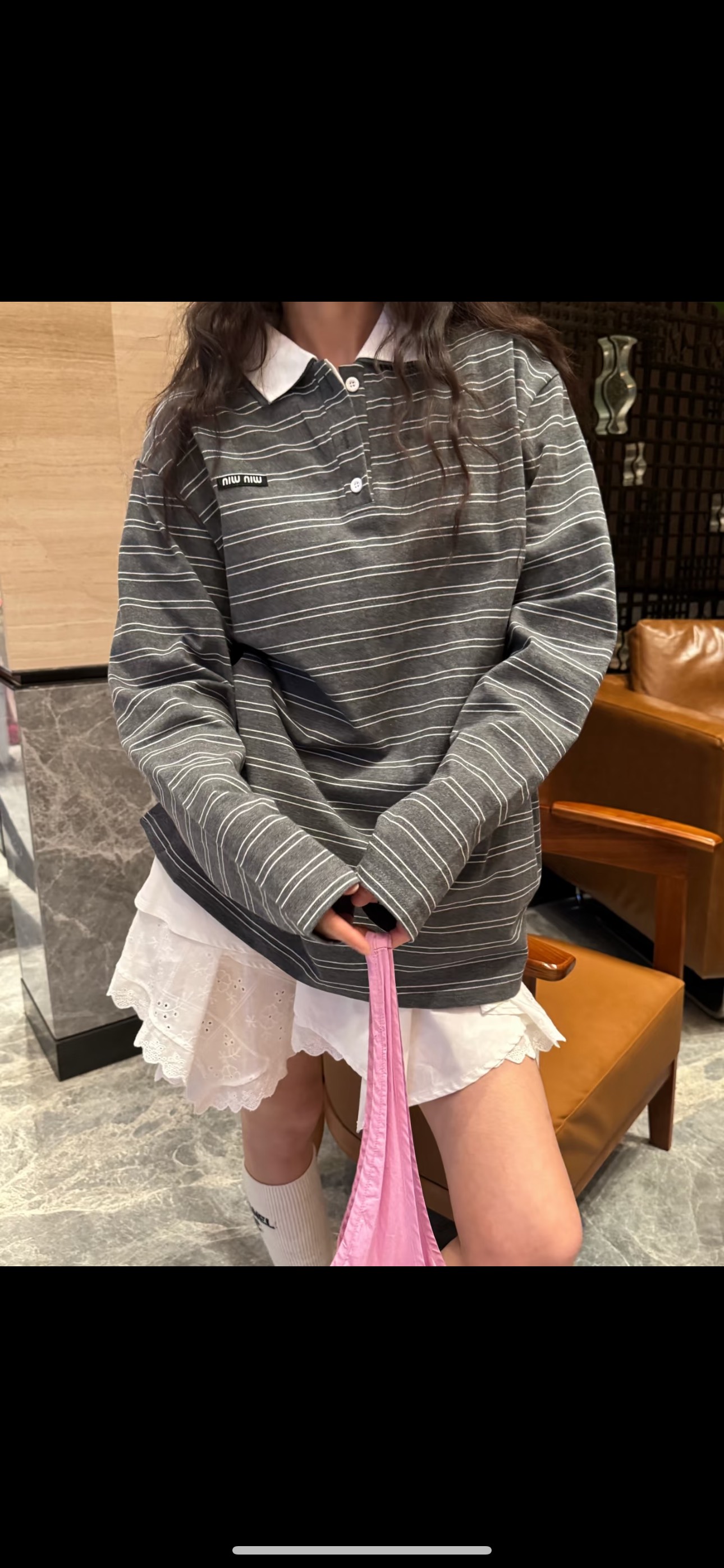 MIU MIU缪缪MM 条纹POLO长袖 上身效果