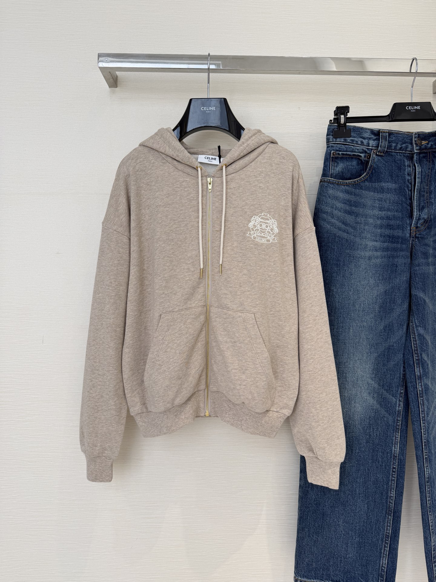 Celine Oat Hoodie: Soft Cotton-Cashmere Blend, Chic Embroidered Design