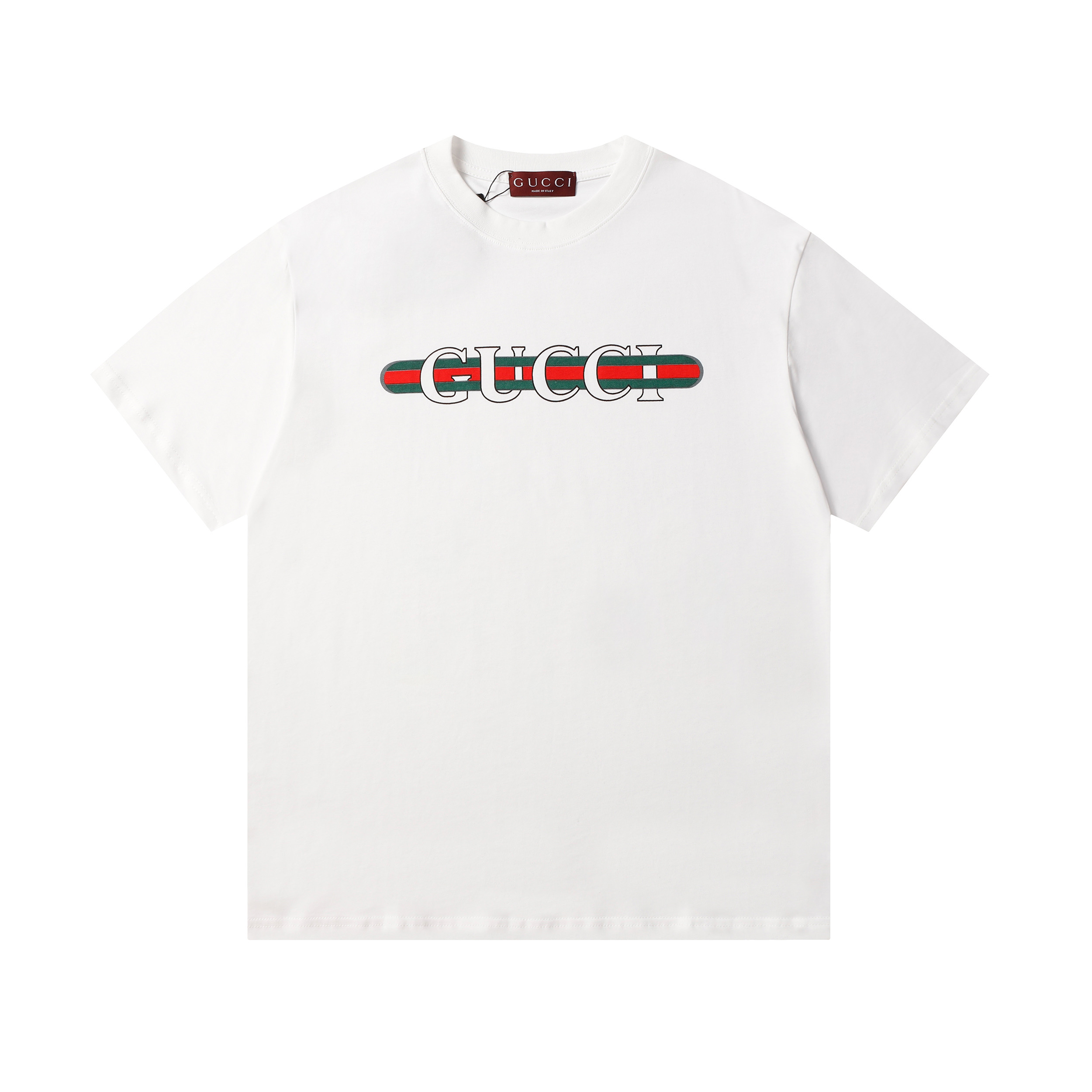 🔥🔥🔥G家 Verano 2024 Jersey de punto de algodón blanco grueso, estampado de cinta Guccⅰ, cuello redondo y hombros caído…