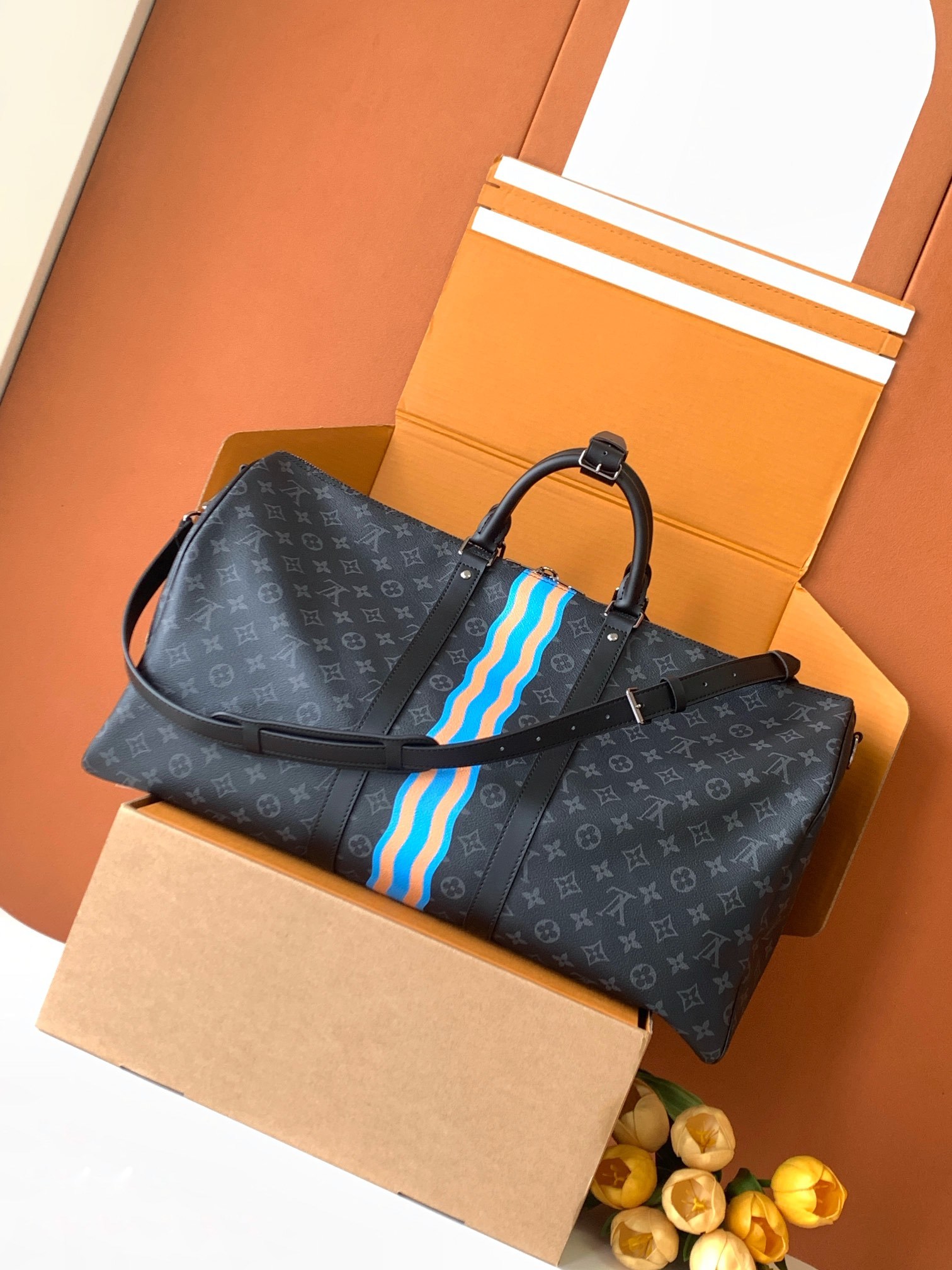 黑花55CM 全钢五金 163c01变码芯片个性化定制本款 Keepall 55 Bandoulière