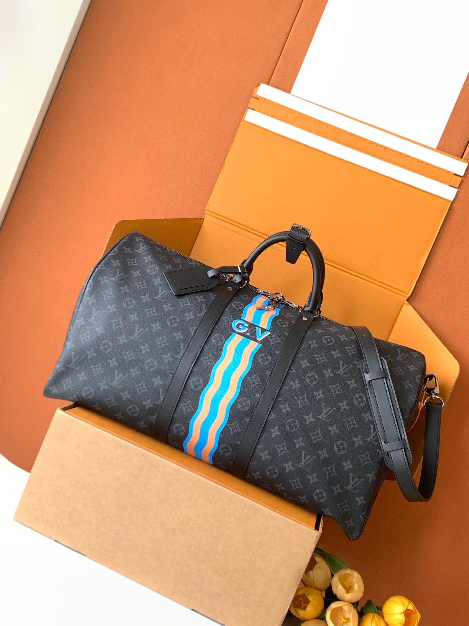 黑花55CM 全钢五金 163c01变码芯片个性化定制本款 Keepall 55 Bandoulière