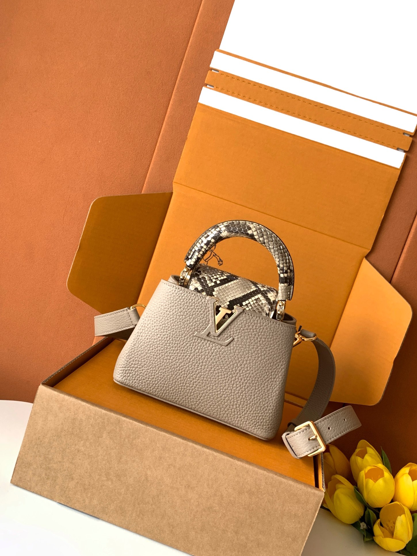 N85516特级全钢 灰色配亮光蟒蛇金动态163 2024 夏季款 Capucines 迷你手袋取材 T