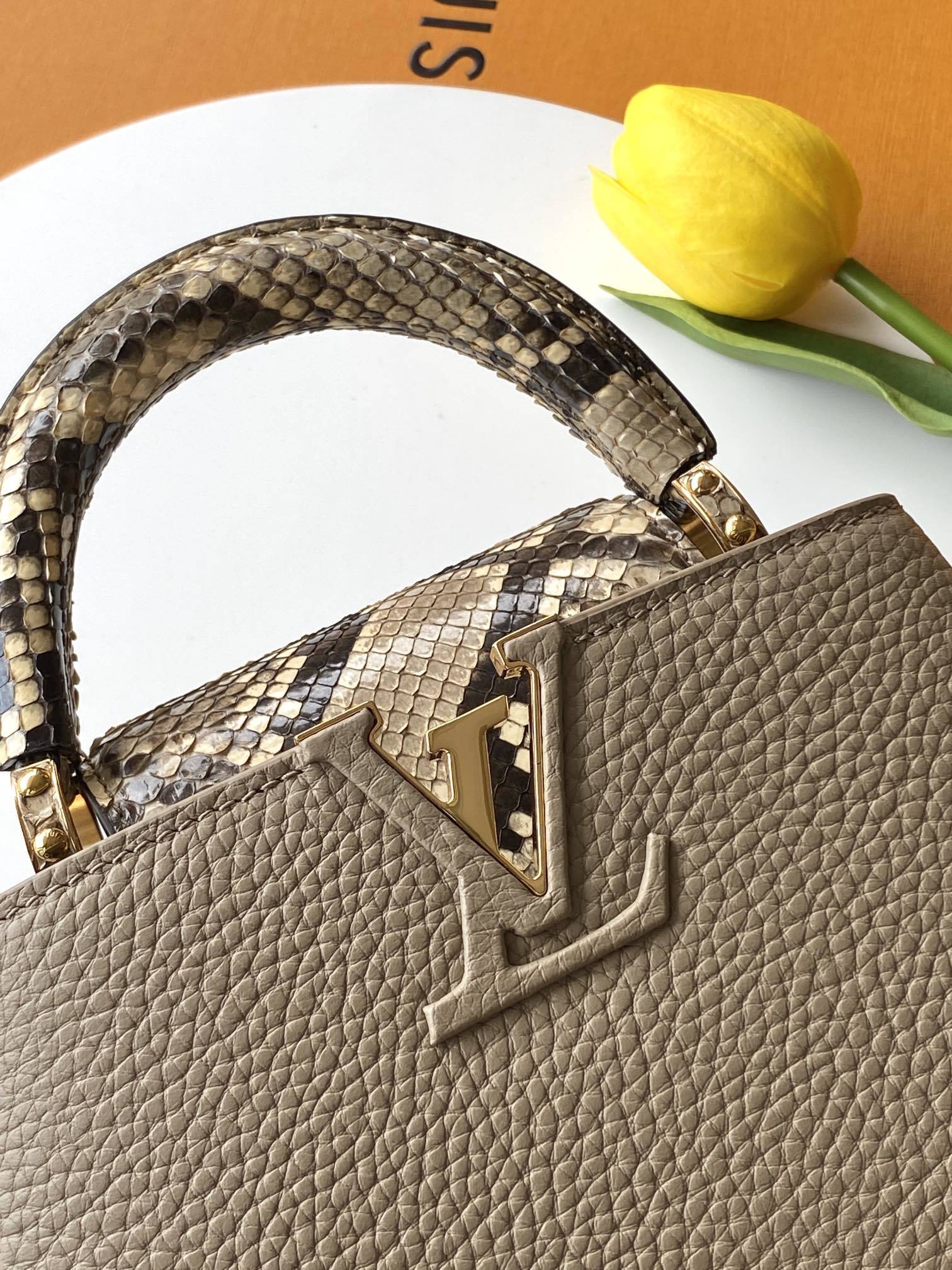N85516特级全钢 灰色配亮光蟒蛇金动态163 2024 夏季款 Capucines 迷你手袋取材 T