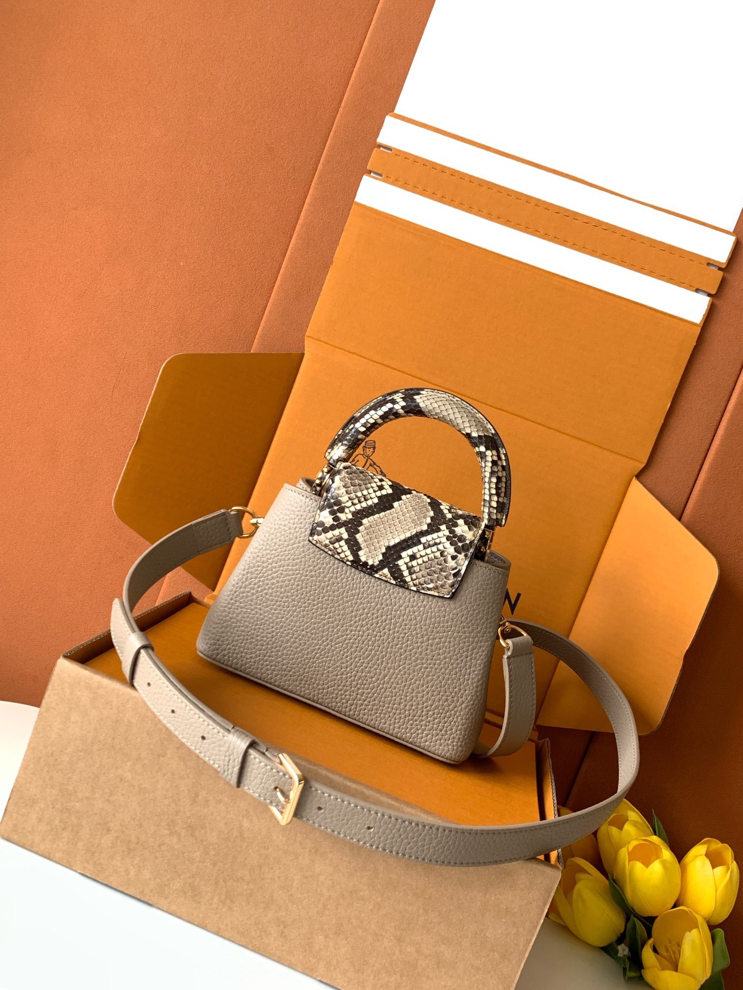 N85516特级全钢 灰色配亮光蟒蛇金动态163 2024 夏季款 Capucines 迷你手袋取材 T