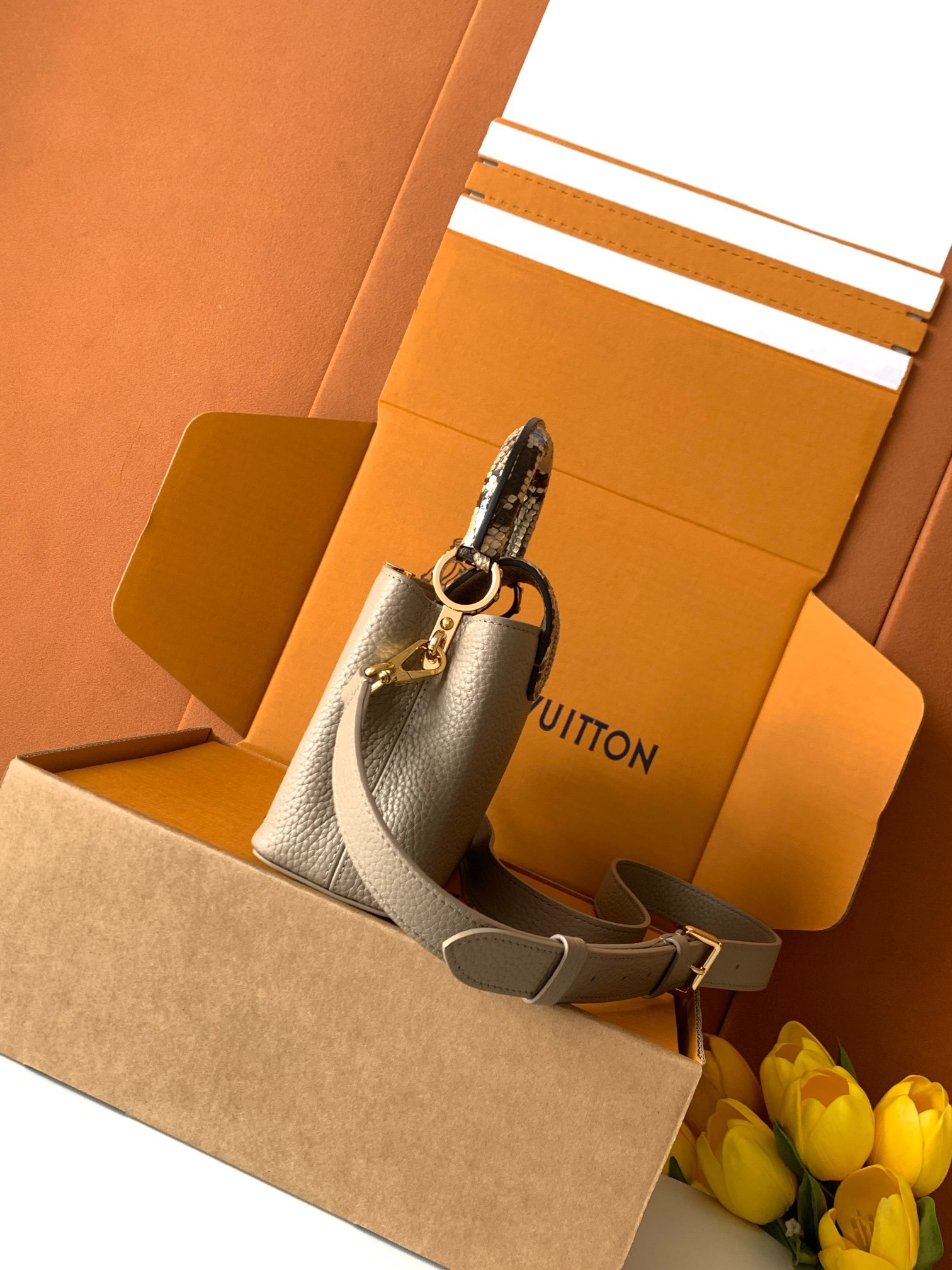 N85516特级全钢 灰色配亮光蟒蛇金动态163 2024 夏季款 Capucines 迷你手袋取材 T