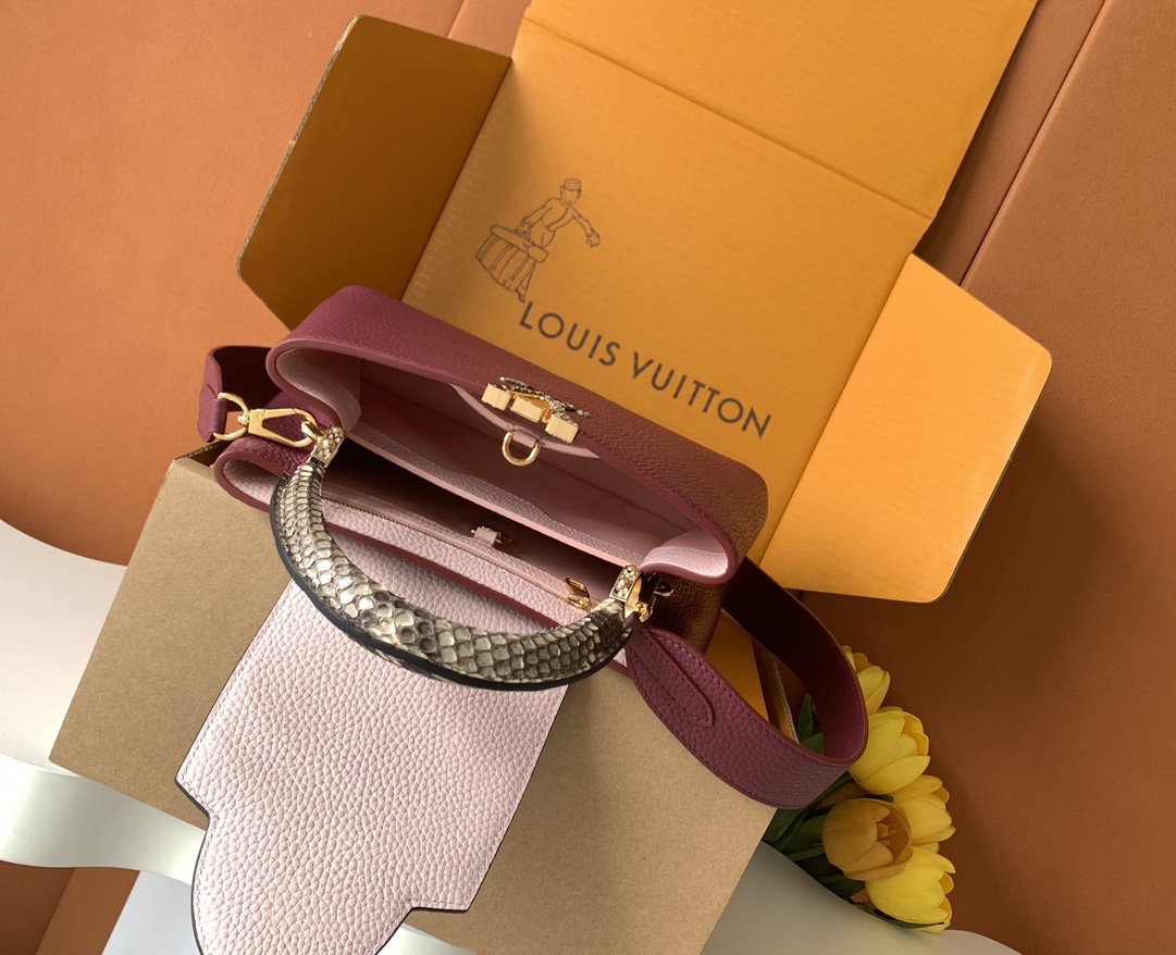 【全钢五金 进口牛皮💋 N82068葡萄紫配巴黎粉蟒蛇金扣】此款包身为粒面 Taurillon进口 皮革