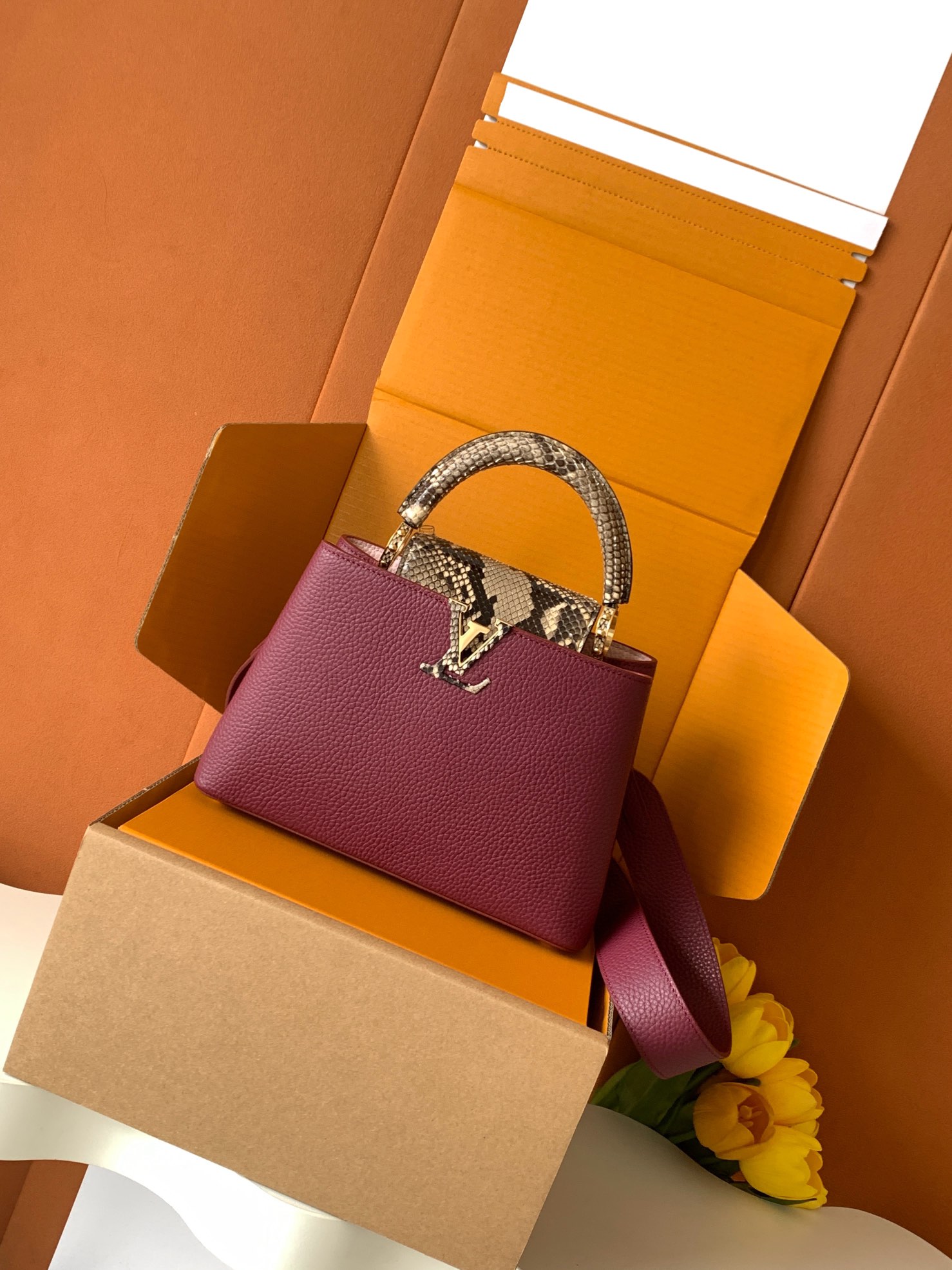 【全钢五金 进口牛皮💋 N82068葡萄紫配巴黎粉蟒蛇金扣】此款包身为粒面 Taurillon进口 皮革