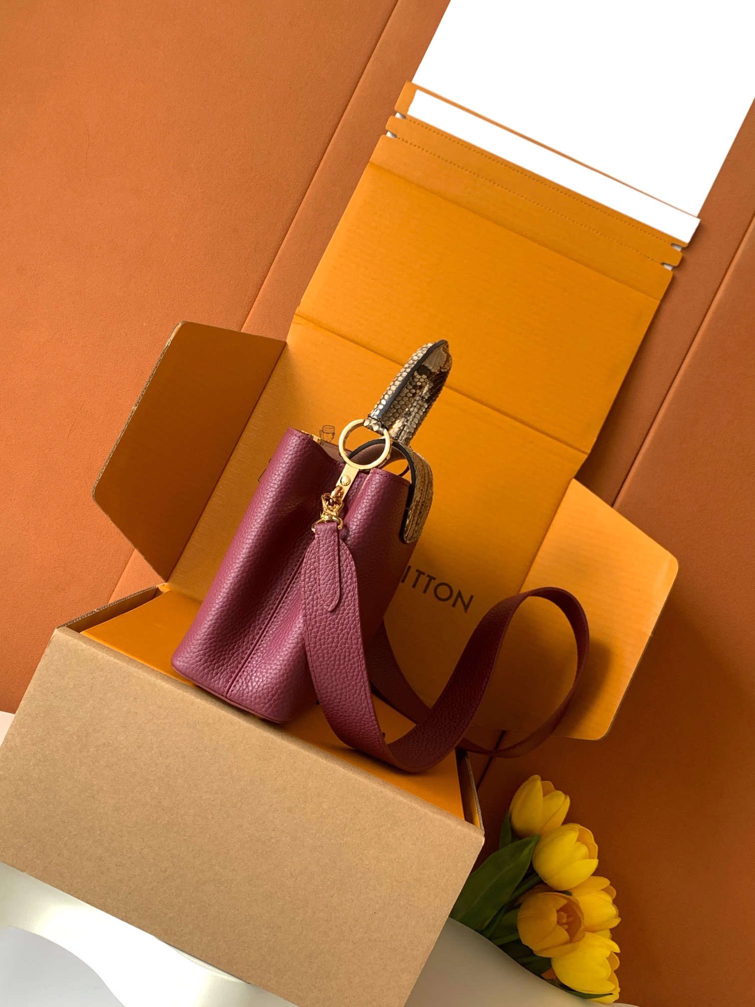 【全钢五金 进口牛皮💋 N82068葡萄紫配巴黎粉蟒蛇金扣】此款包身为粒面 Taurillon进口 皮革