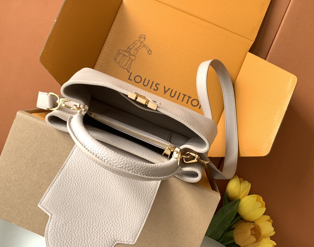 【特级MB新版芯片原厂皮】Capucines 迷你 灰紫金型号：M24728材料：A级全钢五金，进口牛皮