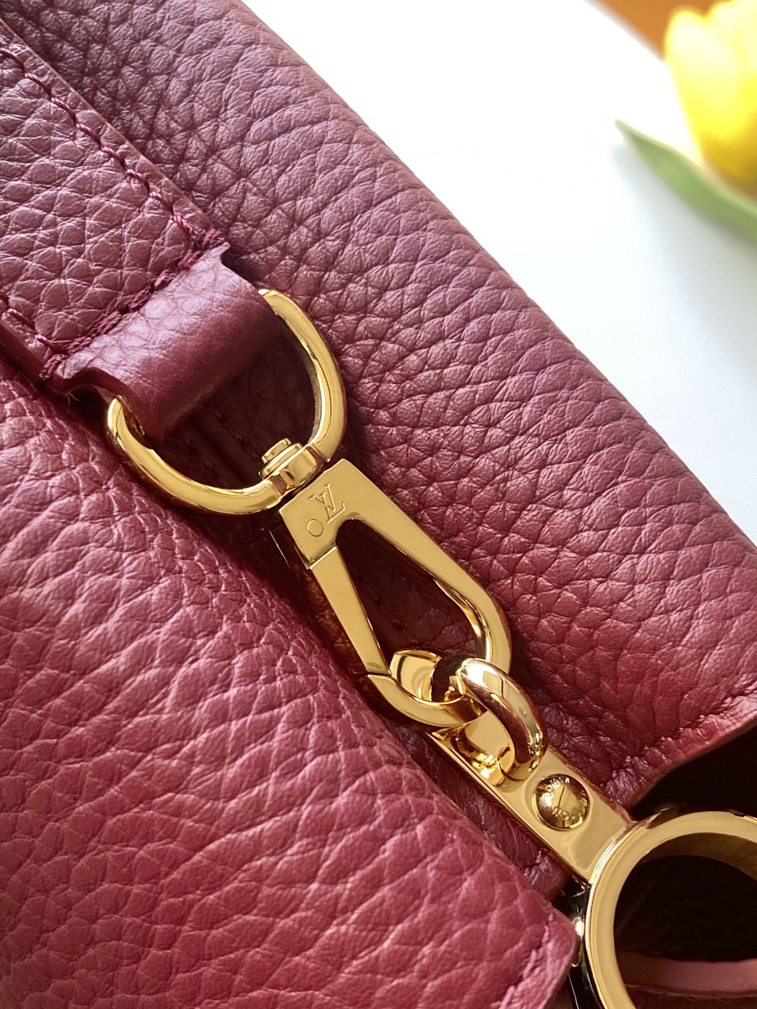 N85515特级全钢 进口牛皮枣红配亮光蟒蛇金动态163 2024 夏季款 Capucines 迷你手袋