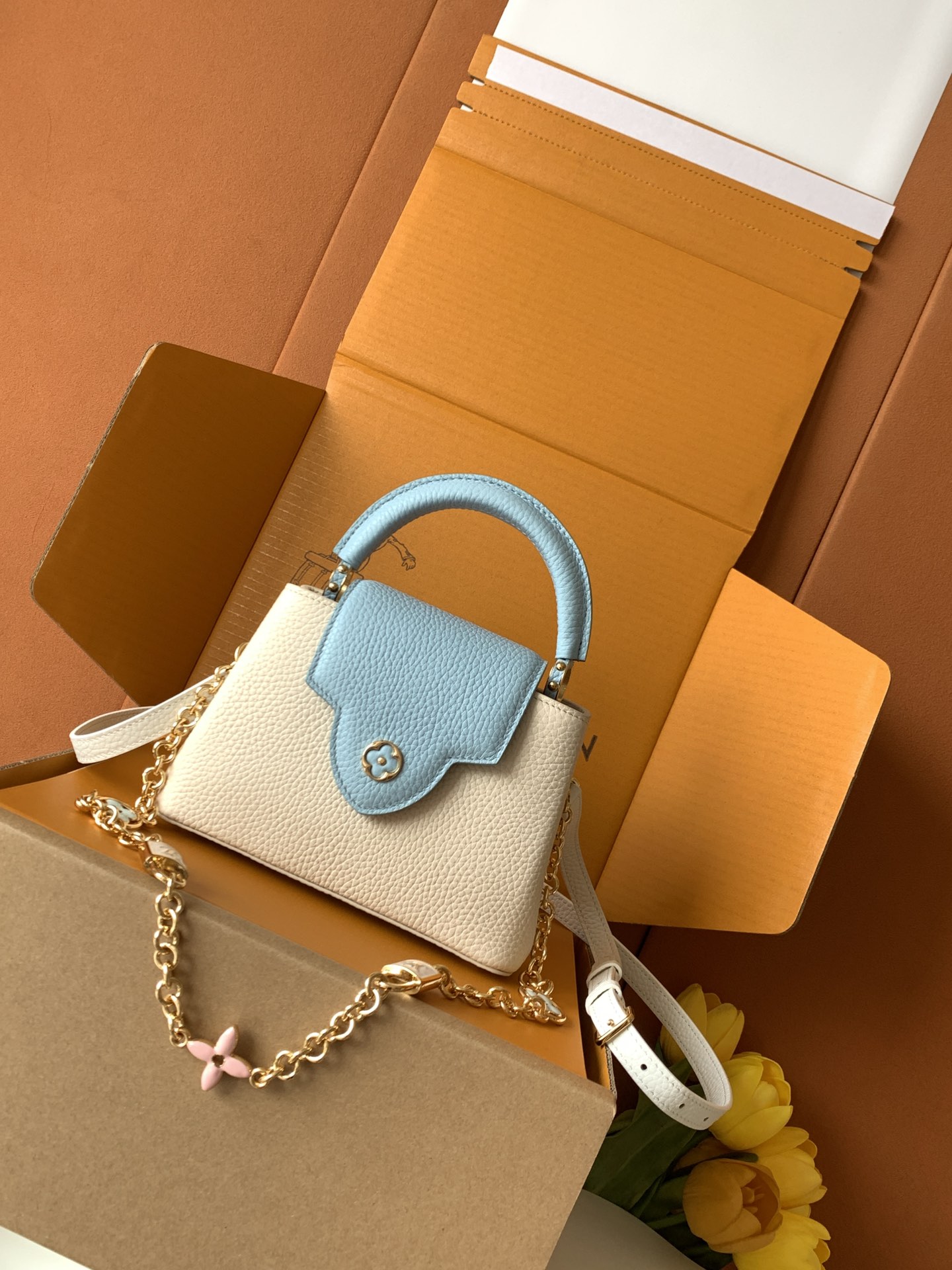 全钢五金 进口牛皮 纯手工定制✨M23953珍珠白配蓝色金 （163C芯片版）皮料是意大利A级皮料是在于