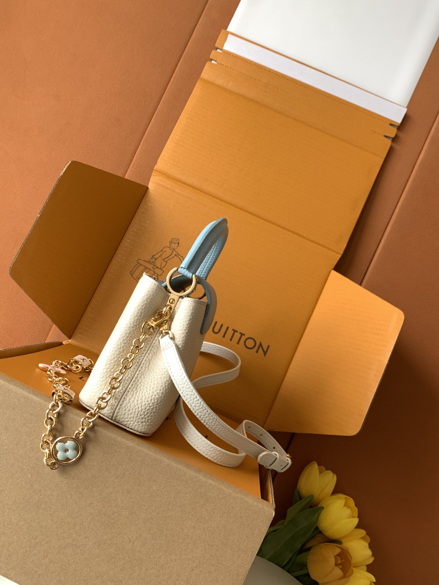 全钢五金 进口牛皮 纯手工定制✨M23953珍珠白配蓝色金 （163C芯片版）皮料是意大利A级皮料是在于