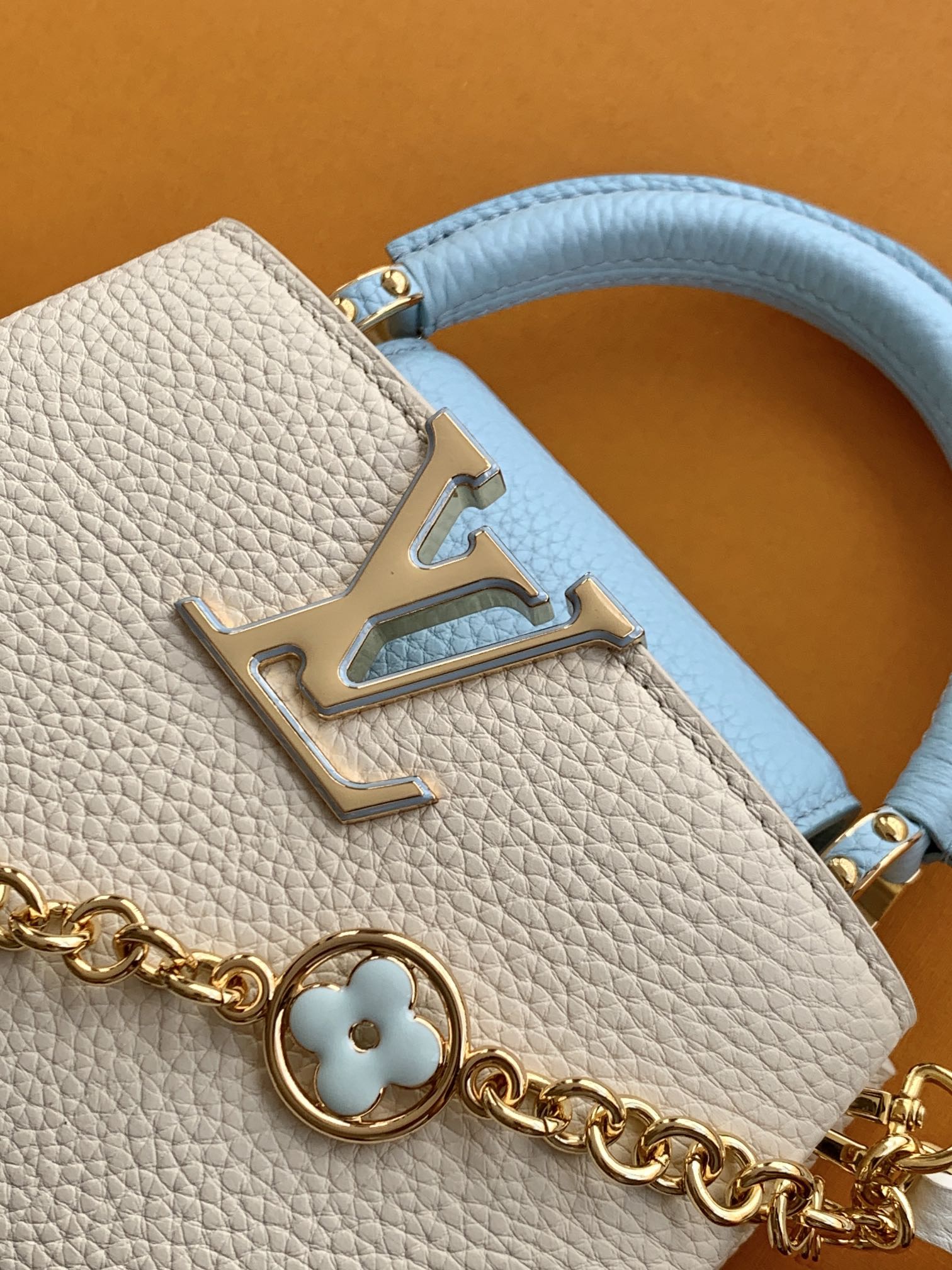 全钢五金 进口牛皮 纯手工定制✨M23953珍珠白配蓝色金 （163C芯片版）皮料是意大利A级皮料是在于