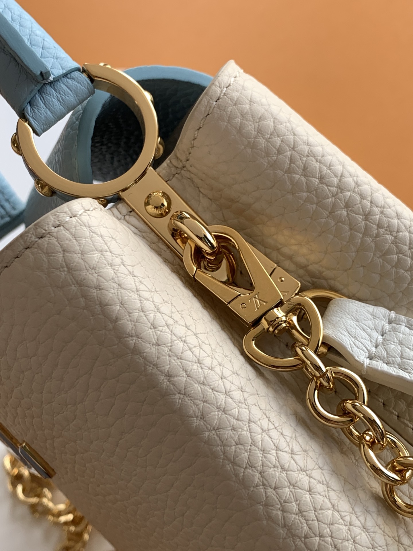 全钢五金 进口牛皮 纯手工定制✨M23953珍珠白配蓝色金 （163C芯片版）皮料是意大利A级皮料是在于