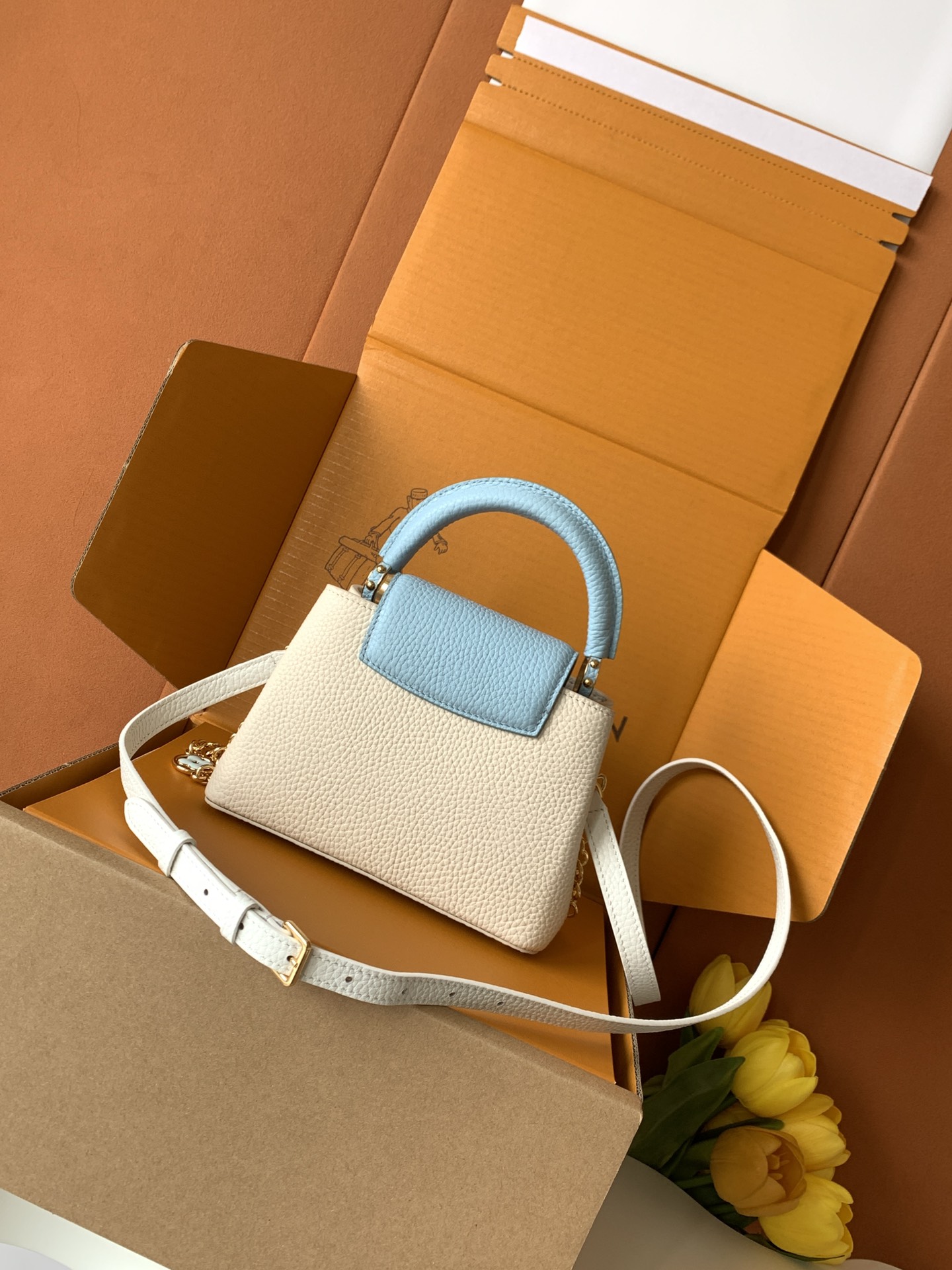 全钢五金 进口牛皮 纯手工定制✨M23953珍珠白配蓝色金 （163C芯片版）皮料是意大利A级皮料是在于