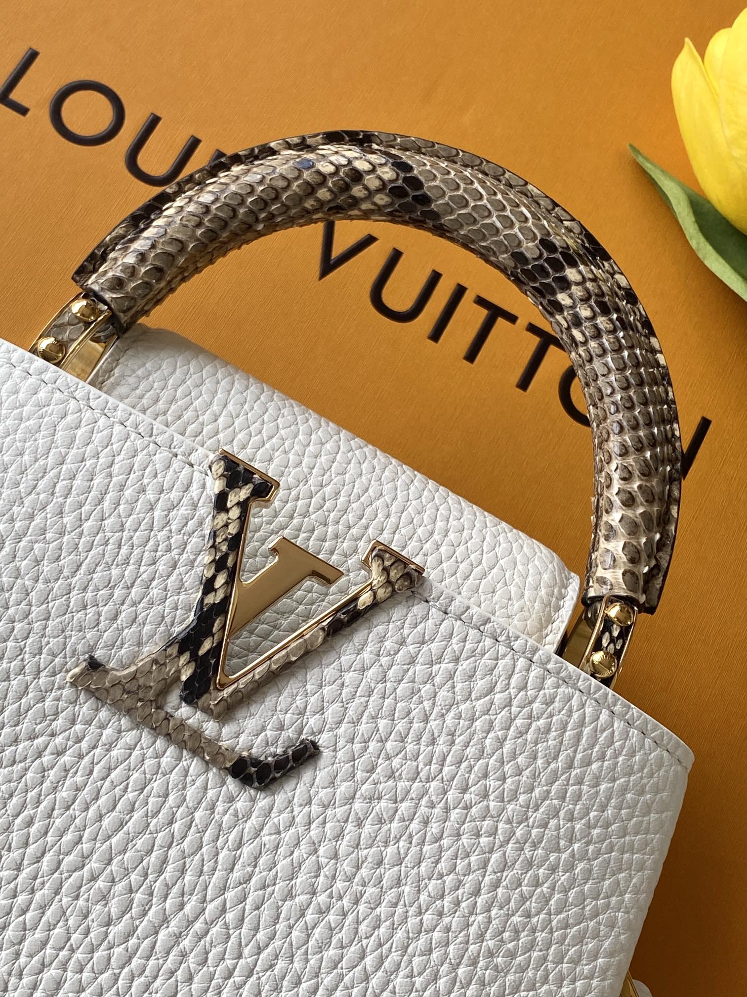 N85515特级全钢 进口牛皮白配亮光蟒蛇金动态163 2024 夏季款 Capucines 迷你手袋取