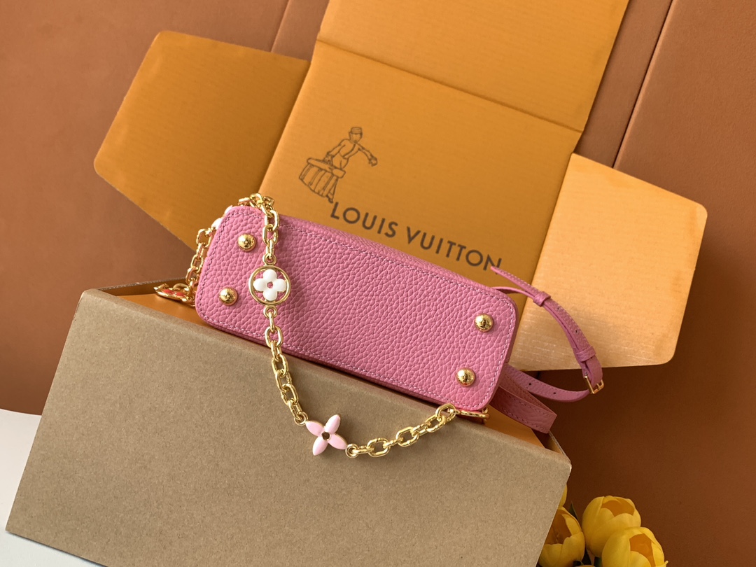 【特级全钢💋M20845进口牛皮秋水仙配浅樱花粉色花卉三拼】本款 Capucines 迷你手袋展现柔婉之