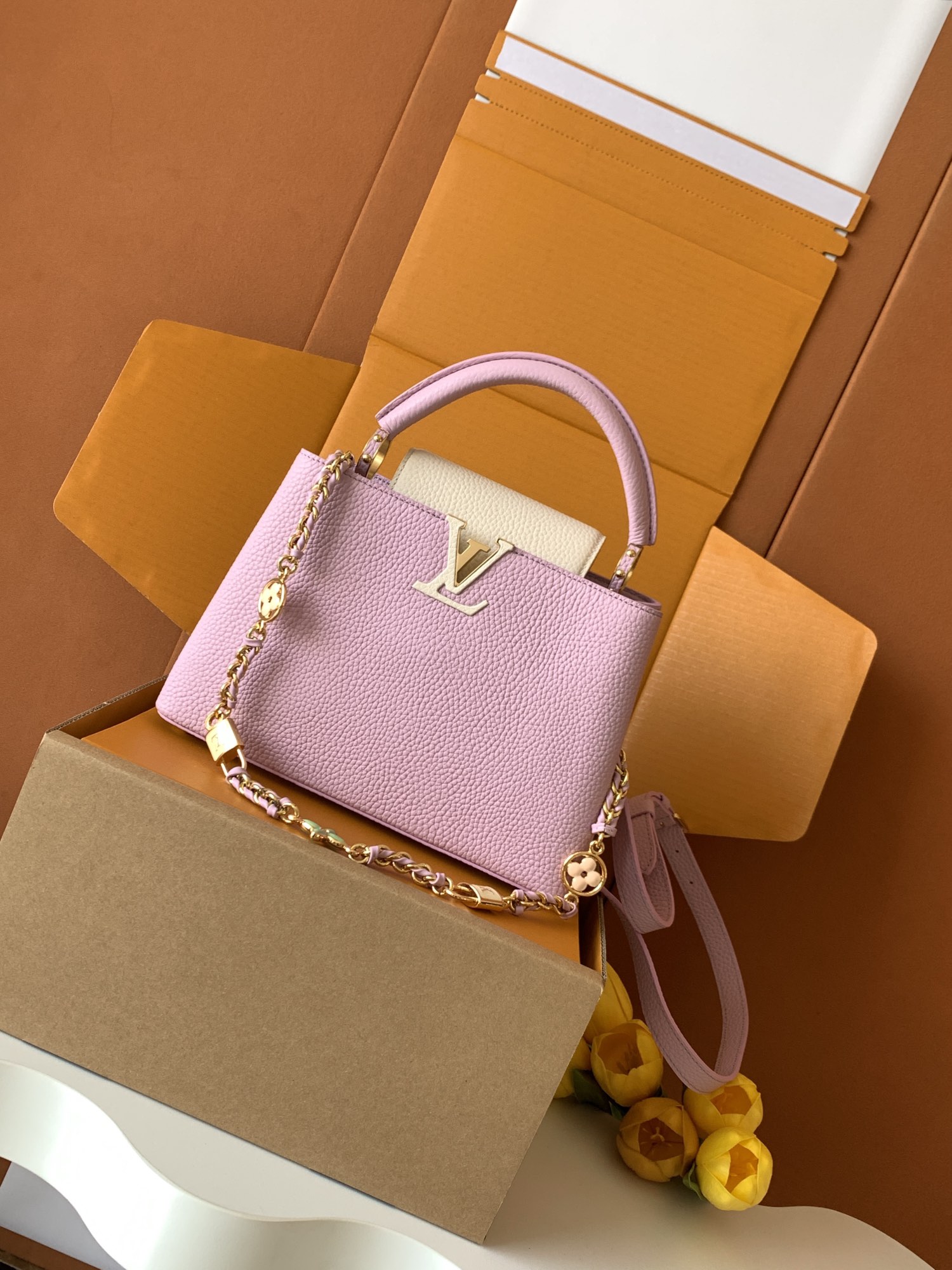 （动态芯片版）【特级全钢五金进口牛皮💋 M23950深粉紫配珍珠白金】本款 Capucines 迷你手袋