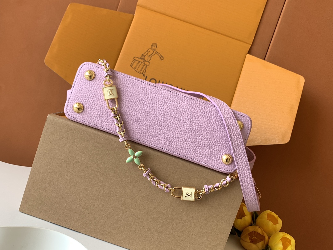 （动态芯片版）【特级全钢五金进口牛皮💋 M23950深粉紫配珍珠白金】本款 Capucines 迷你手袋