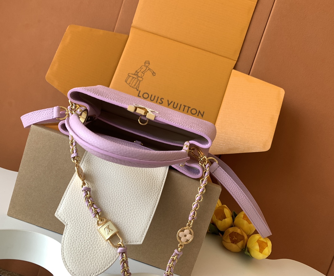 （动态芯片版）【特级全钢五金进口牛皮💋 M23950深粉紫配珍珠白金】本款 Capucines 迷你手袋