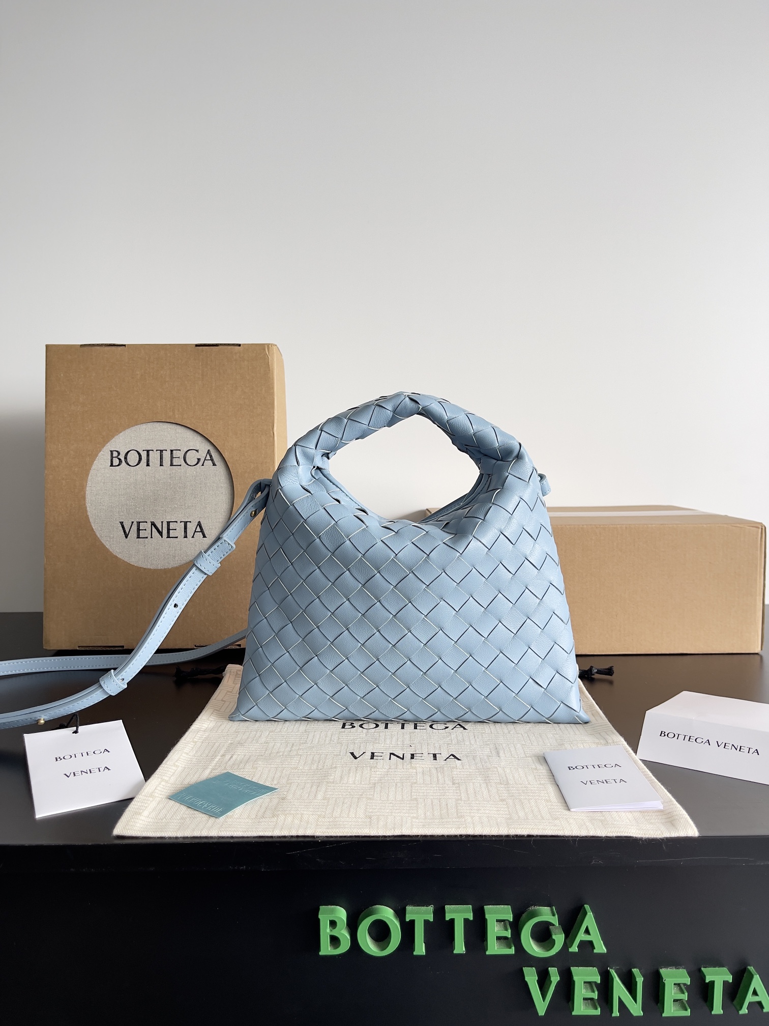 Bottega Veneta Woven Leather Top Handle Bag, Light Blue Shoulder Bag