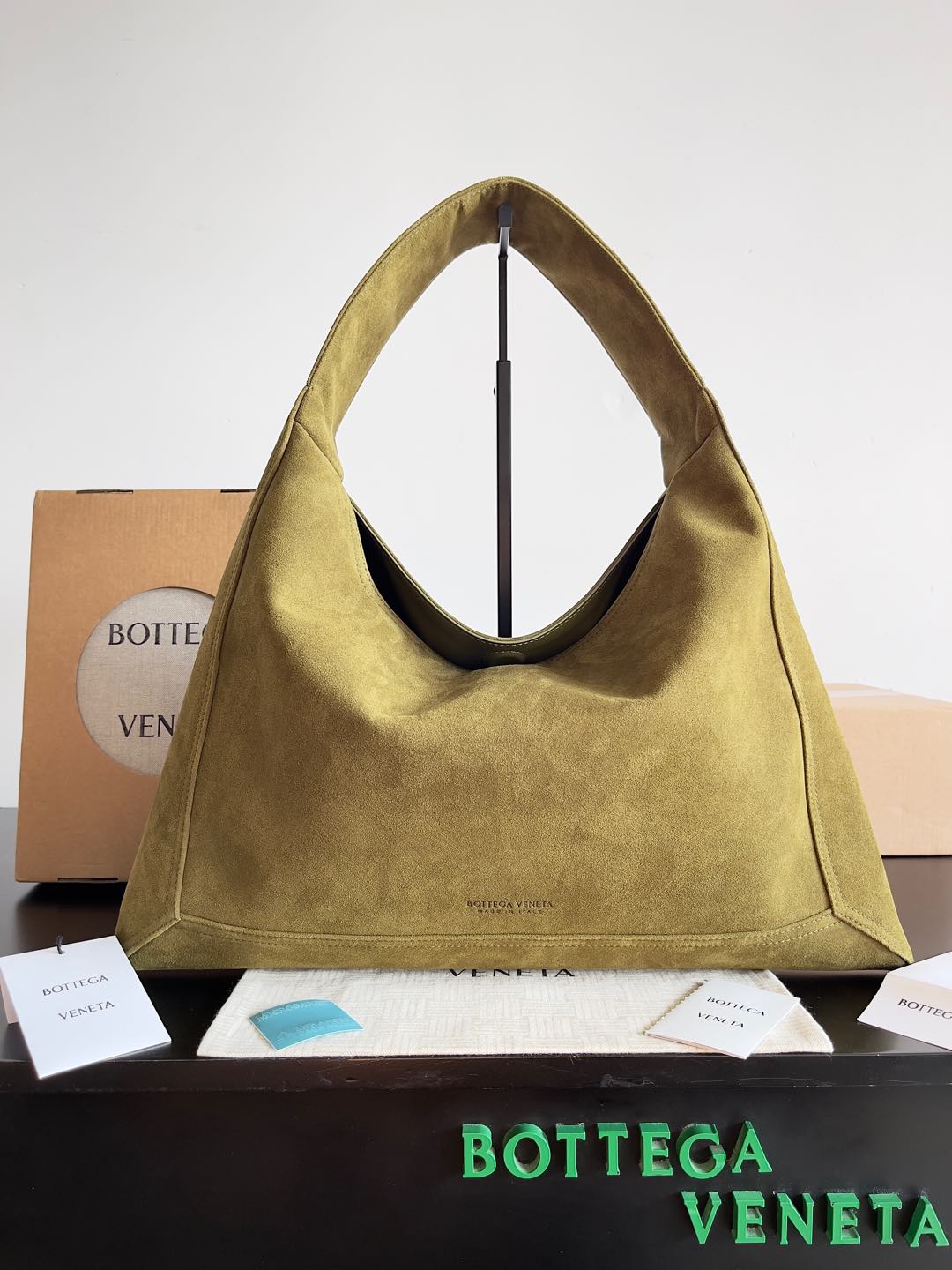 BOTTEGA VENETA Medium Suede Olive Green Shoulder Bag