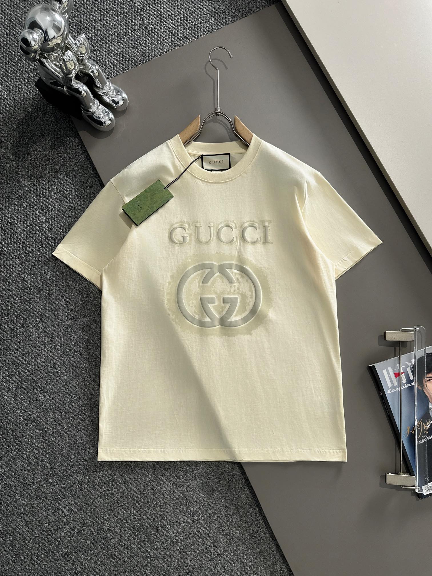(Llega al día siguiente) GUCCI 2025 nuevo modelo, logo de letras doble G con inyección de tinta y flocado, camiseta de …