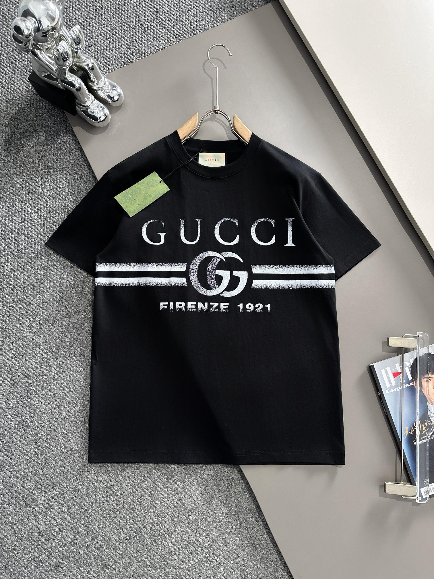 (Llega al día siguiente) GUCCI 2025 nuevo modelo, logo de letras con rayas doble G, camiseta de manga corta unisex · te…