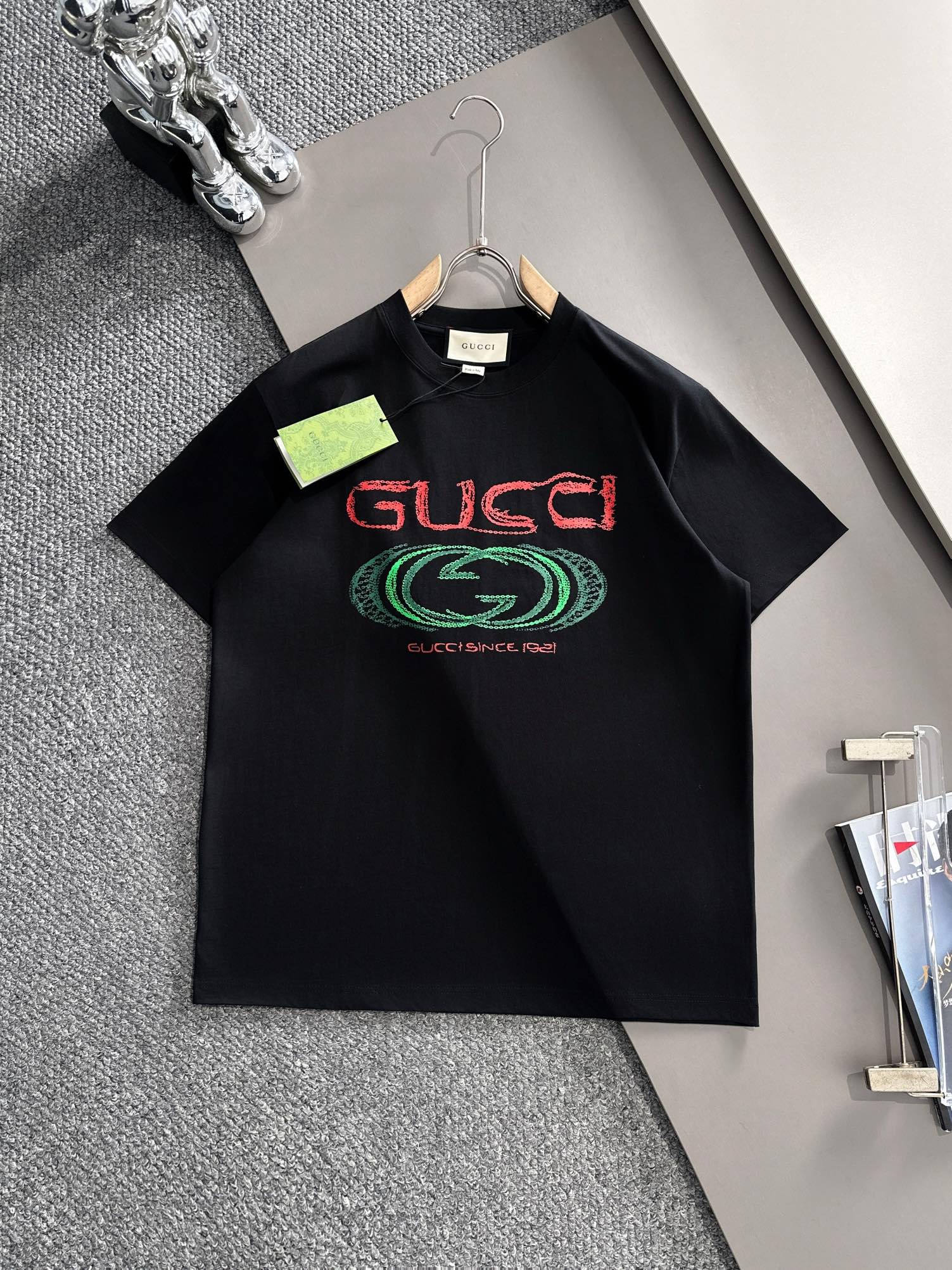 (Llega al día siguiente) GUCCI 2025 nueva camiseta de manga corta unisex con logo de cadena impreso con tecnología digi…