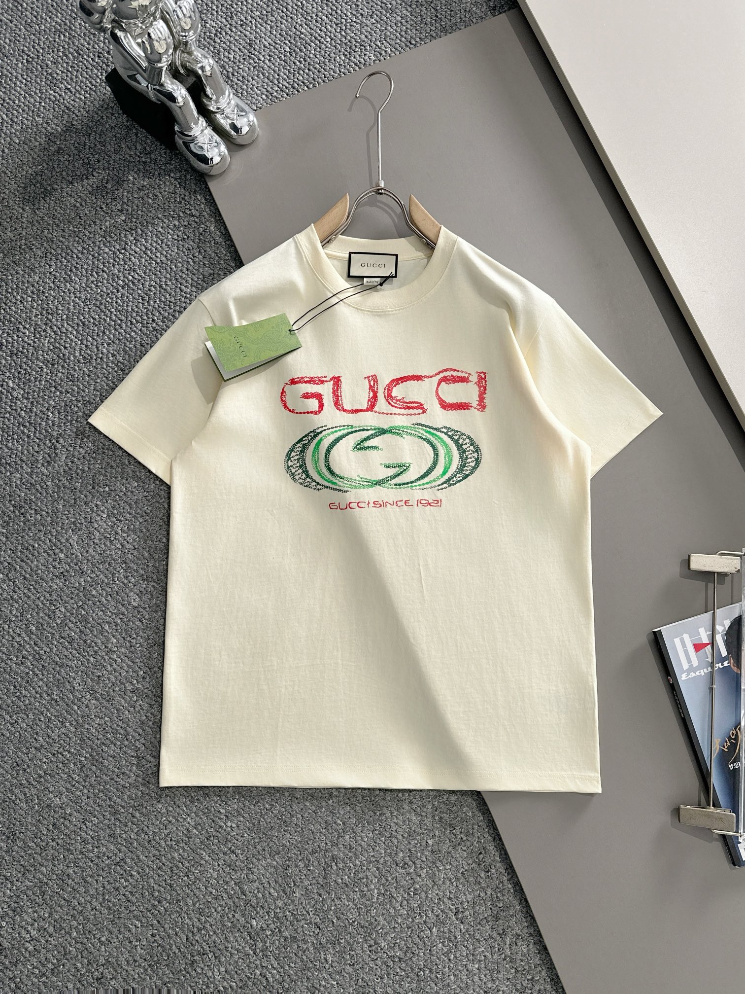 (Llega al día siguiente) GUCCI 2025 nueva camiseta de manga corta unisex con logo de cadena impreso con tecnología digi…