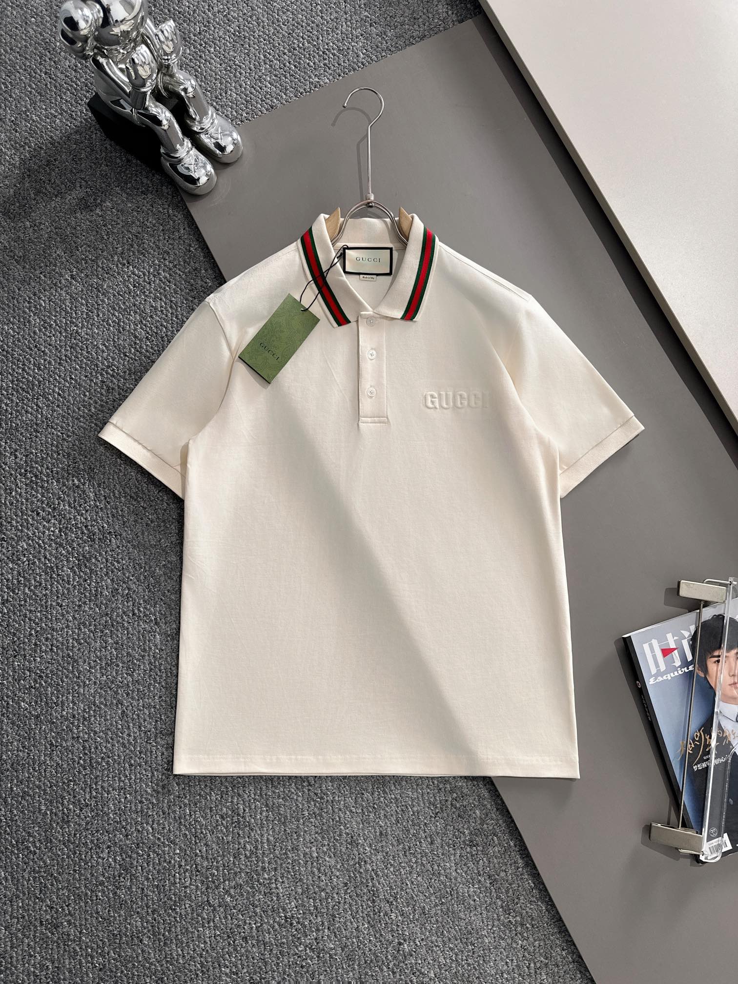 (Llega al día siguiente) GUCCI 2025 nuevo, polo casual unisex con cuello de canalé plano clásico de rayas rojas y verde…