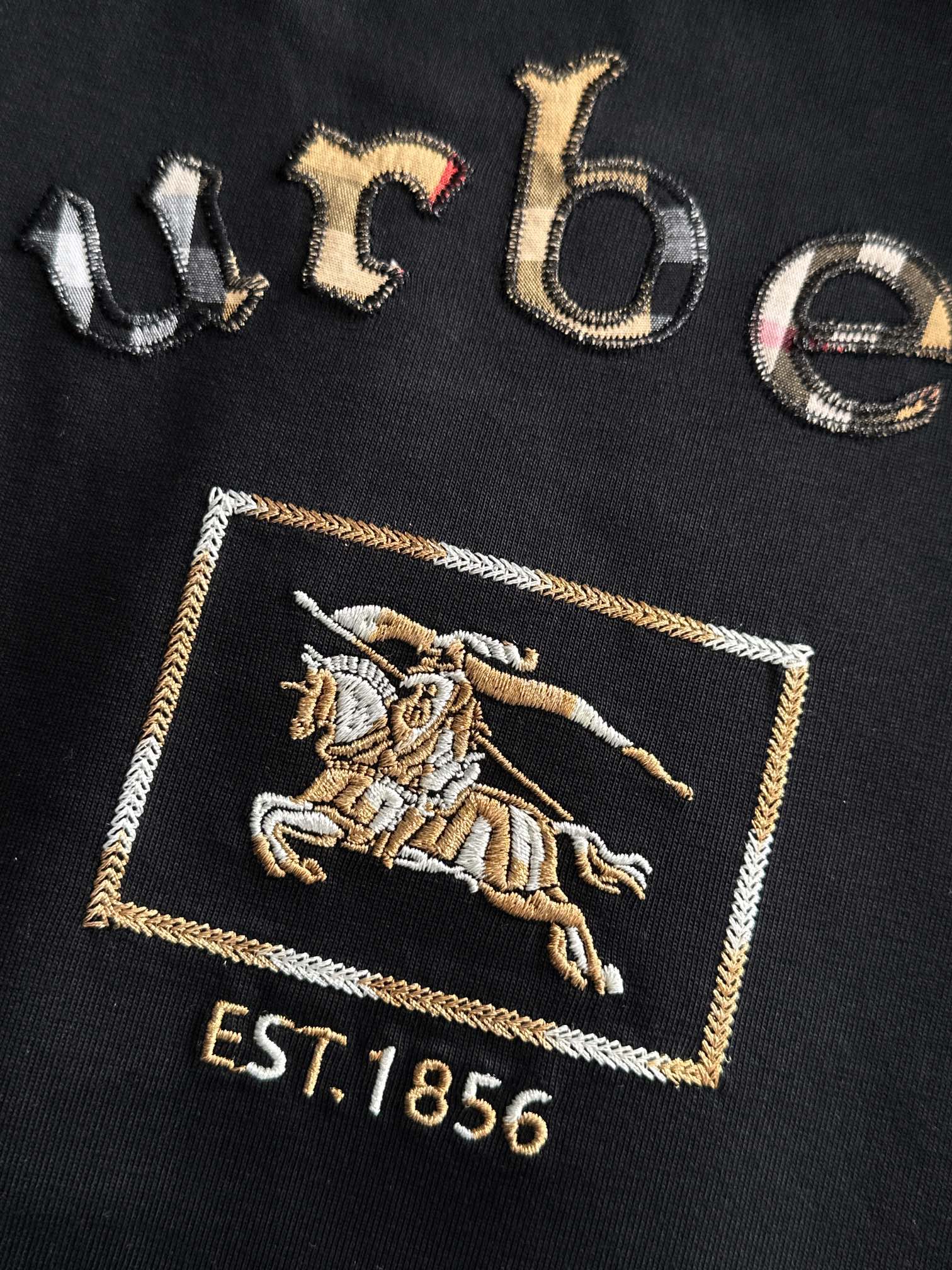 P85

Burberry 巴宝莉 BBR 2026新款 格纹布贴布刺绣战马logo oversize宽松版型 男女同款 短袖t恤
&middot;定制260克100％双纱纯棉面料
&middot;定染32支双股螺纹
&middot;领标吊牌主唛三标齐全
颜色：黑色
尺码：S M L XL