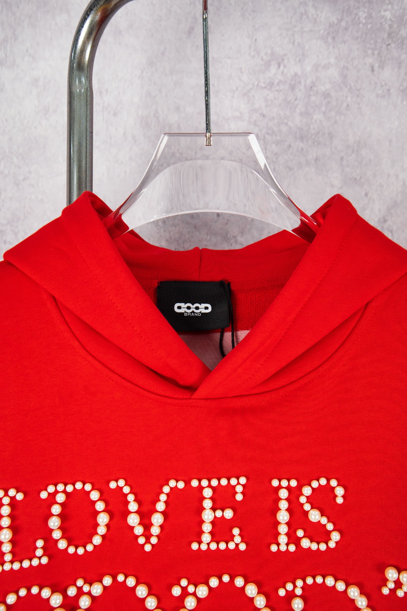 GOODBRAND25SS珍珠刺绣重工标语连帽卫衣