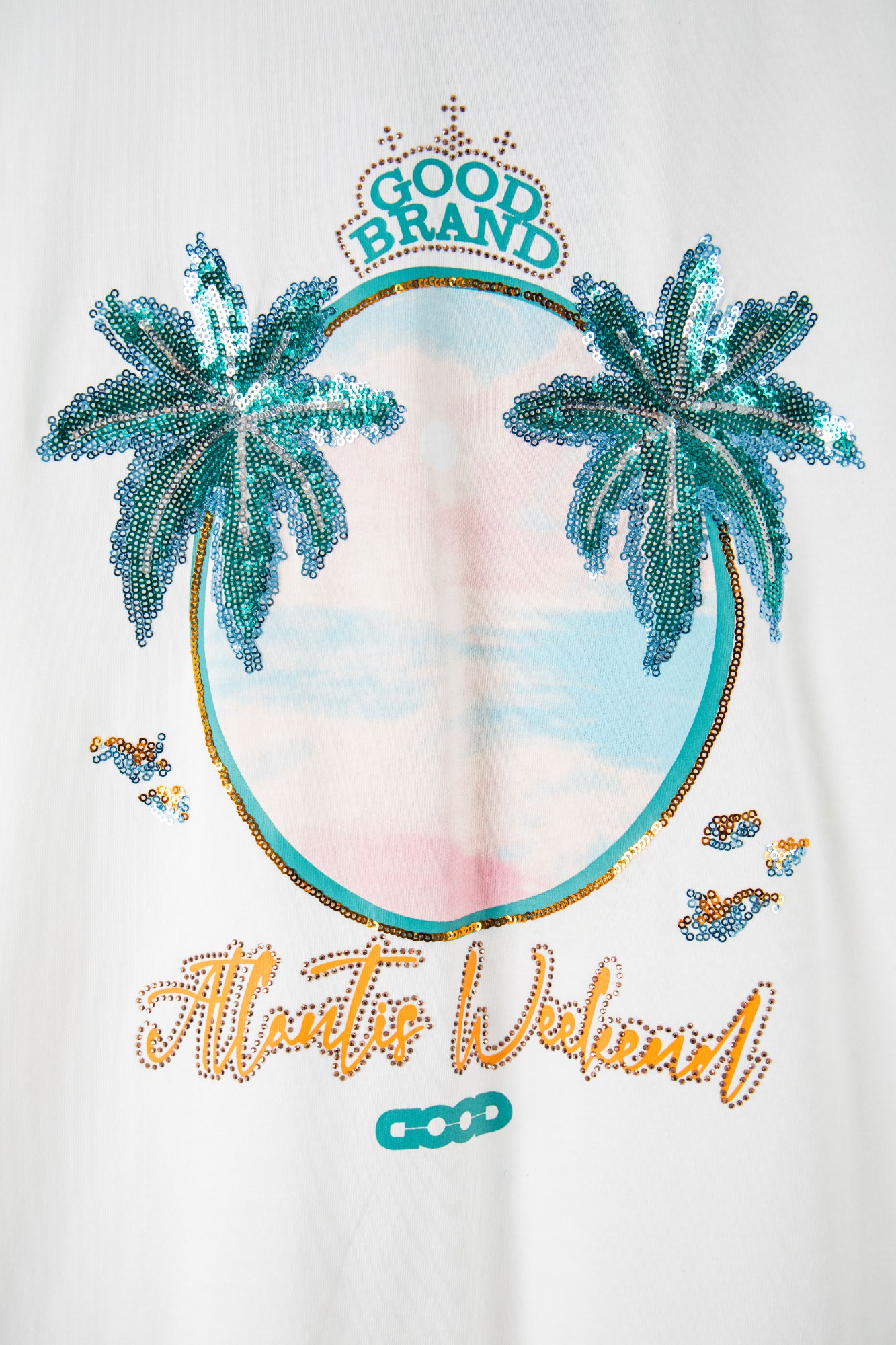 GOODBRAND 26ss 海岛椰林珠片绣轻奢时尚高级感短袖 T恤 男女同款 白色-Top High Quatity Cheap Sneakers Fashion Clothing Clothes Bags handbags Shoes of all Brand wholesale With The best Quality And Beautiful Price from China Factory Chinese suppliers wholesaler seller GOODBRAND 26ss 海岛椰林珠片绣轻奢时尚高级感短袖 T恤 男女同款 白色