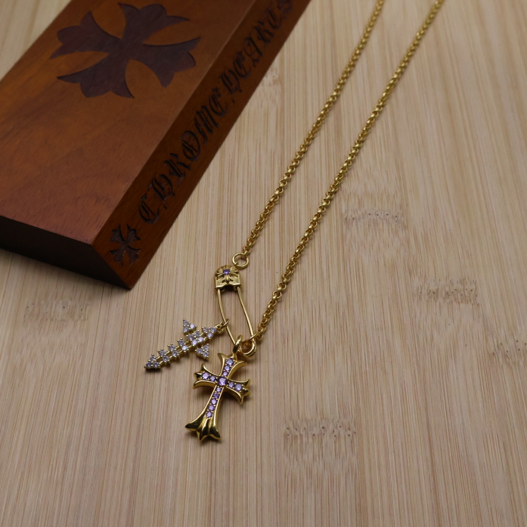 Chrome Hearts ［精工版本］𝐂𝐡𝐫𝐨𝐦𝐞 𝐡𝐞𝐚𝐫𝐭𝐬 克罗心十字架胸针链｜纯手工凿刻末日圣痕