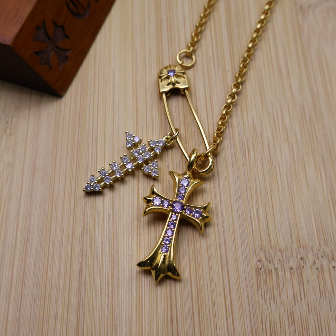 Chrome Hearts ［精工版本］𝐂𝐡𝐫𝐨𝐦𝐞 𝐡𝐞𝐚𝐫𝐭𝐬 克罗心十字架胸针链｜纯手工凿刻末日圣痕