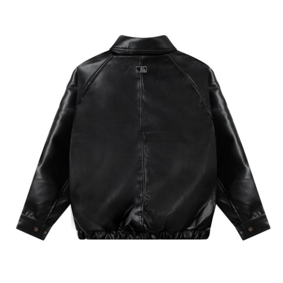 Top Version MLB NY Metal Logo Leather Jacket for Men and Women in Black. - 图片 2