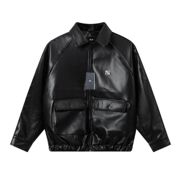 Top Version MLB NY Metal Logo Leather Jacket for Men and Women in Black.