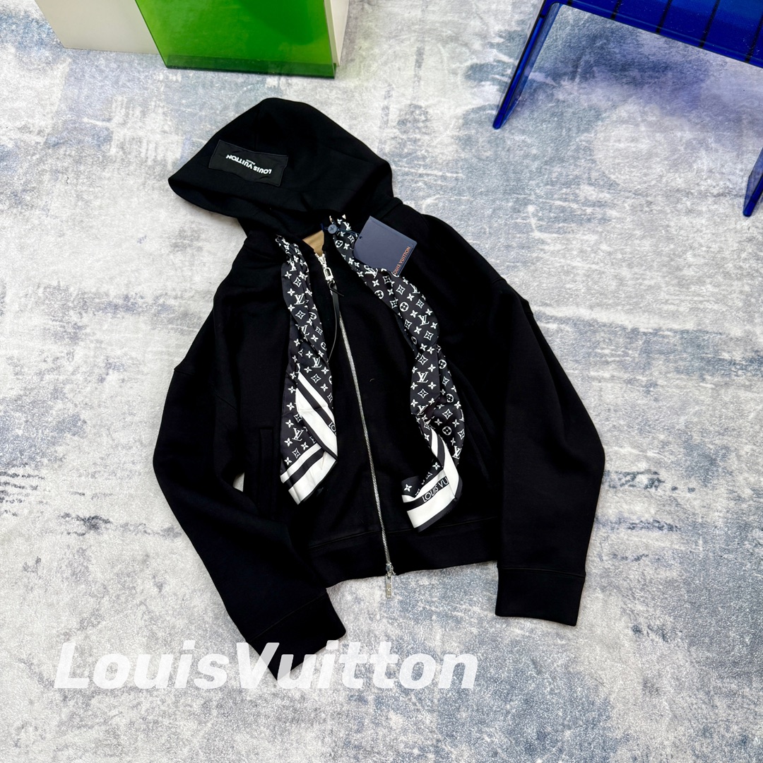 Louis Vuitton Women's Black Viscose Blend Zip-Up Hoodie with Silk Scarf
