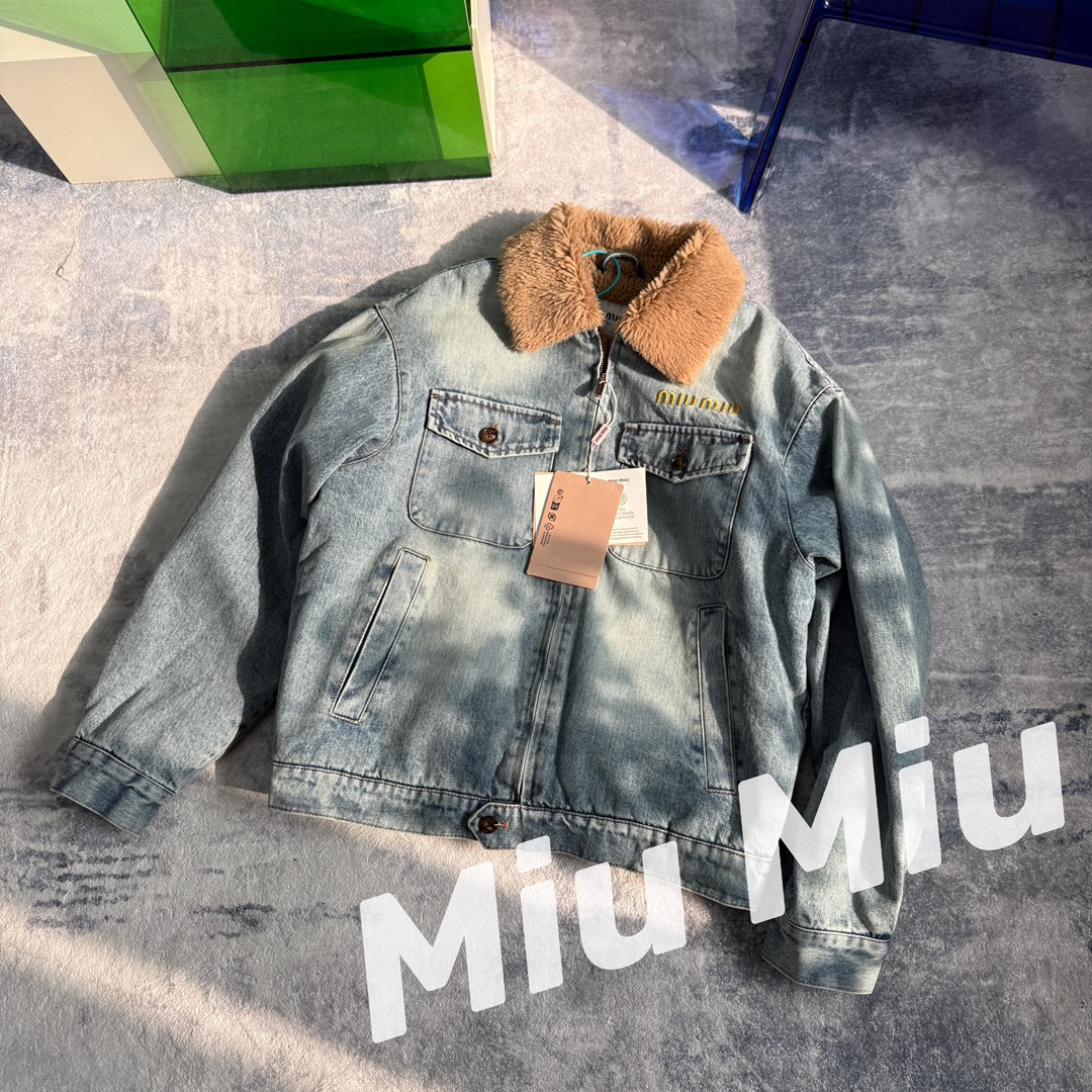 Miu Miu Women's Embroidered Logo Denim Jacket with Fur Collar