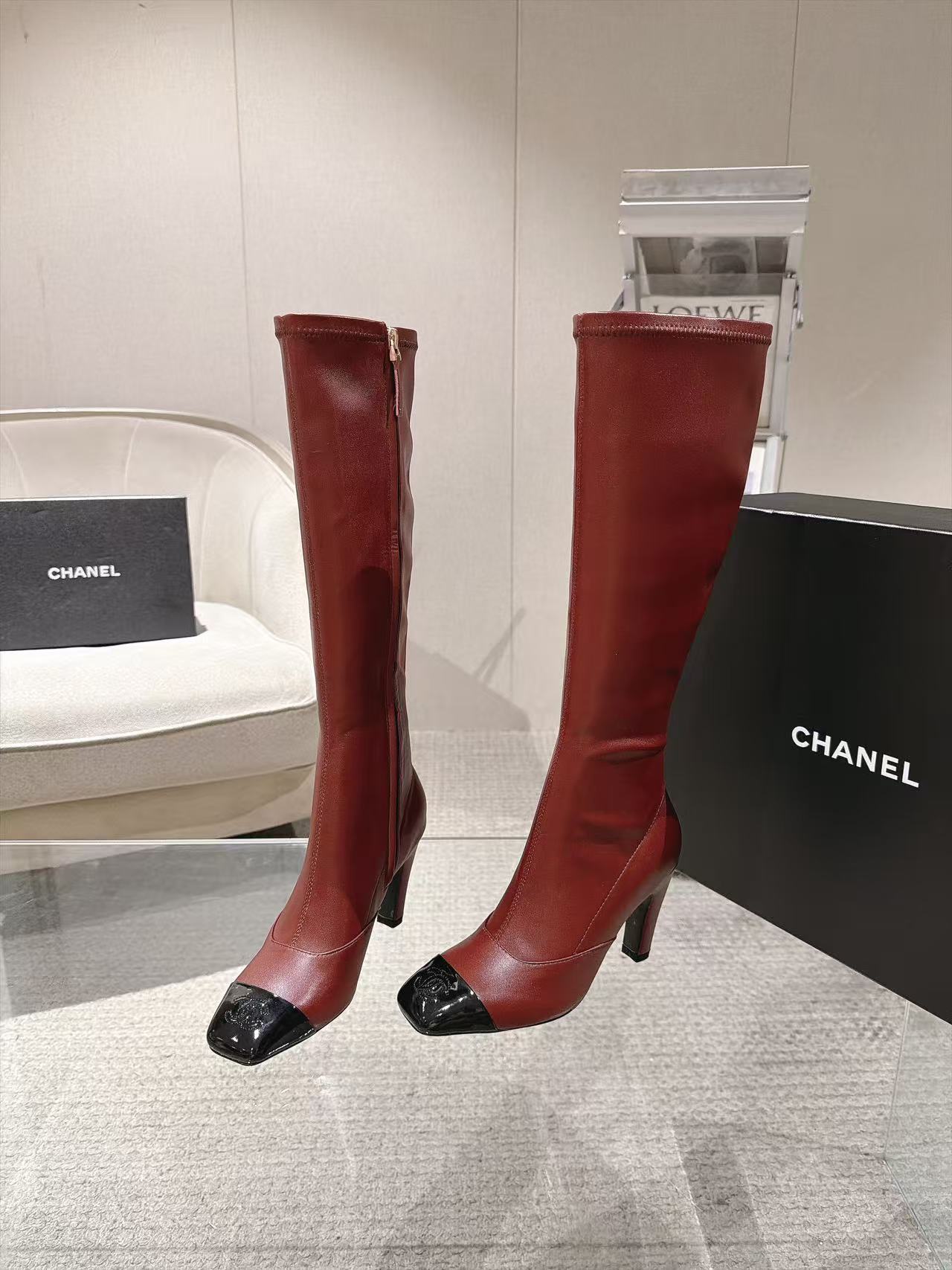 Chanel Red Black Cap Toe Knee High Boots