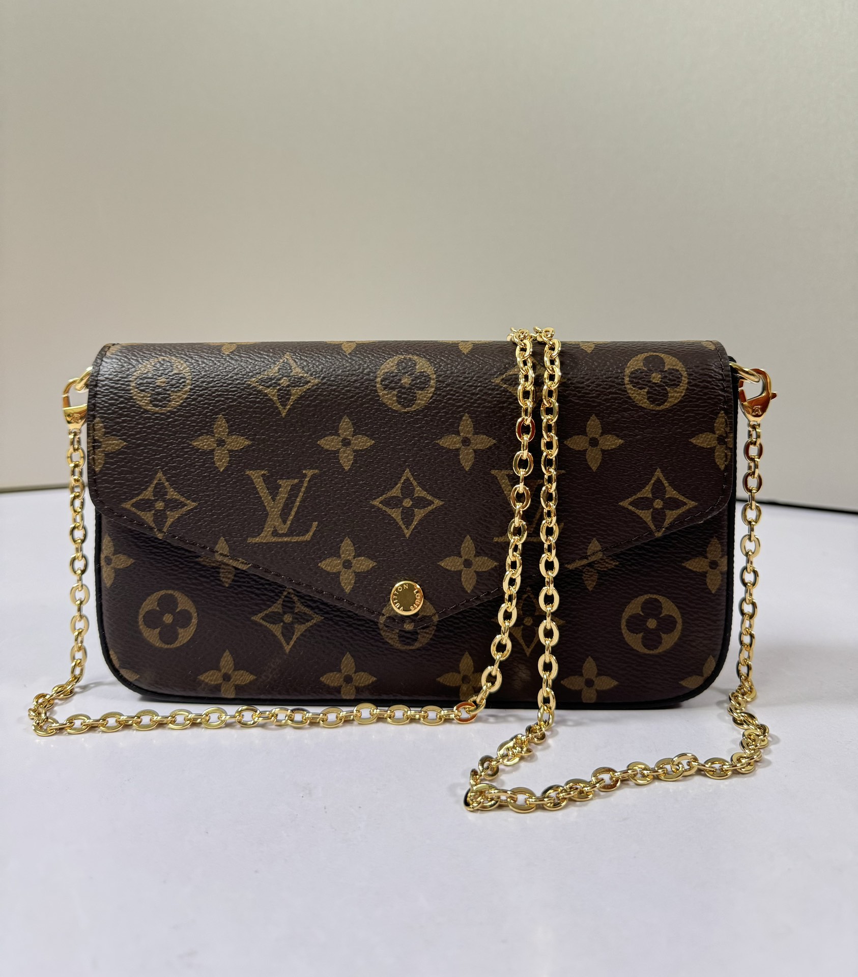 Louis Vuitton LV Pochette FeLicie Bags Handbags Gold Damier Azur Canvas Chains M81896