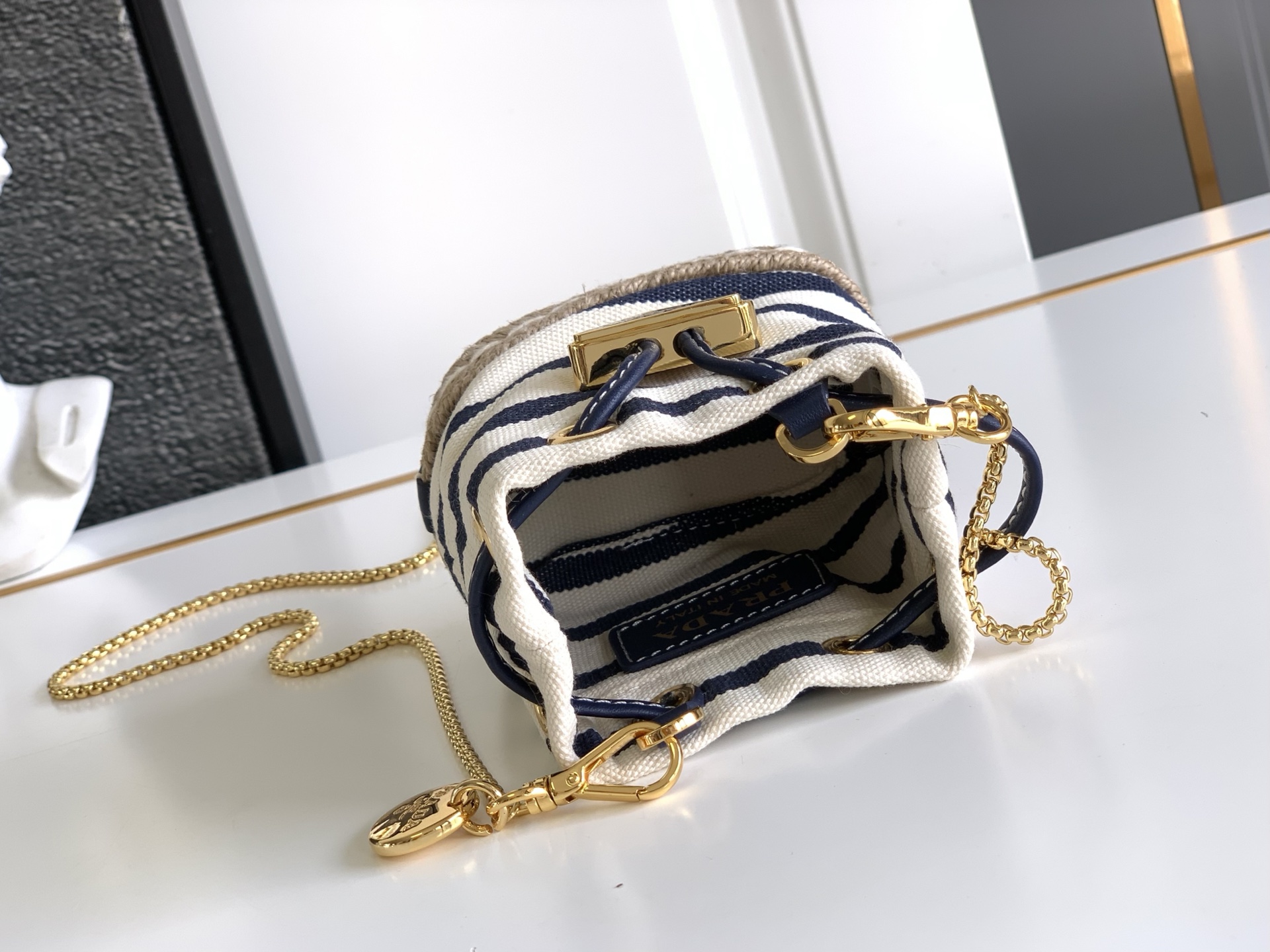 Prada Striped Fabric Mini Bucket Bag with Leather Drawstring and Shoulder Strap 9 i1750608408365 5082 0 7