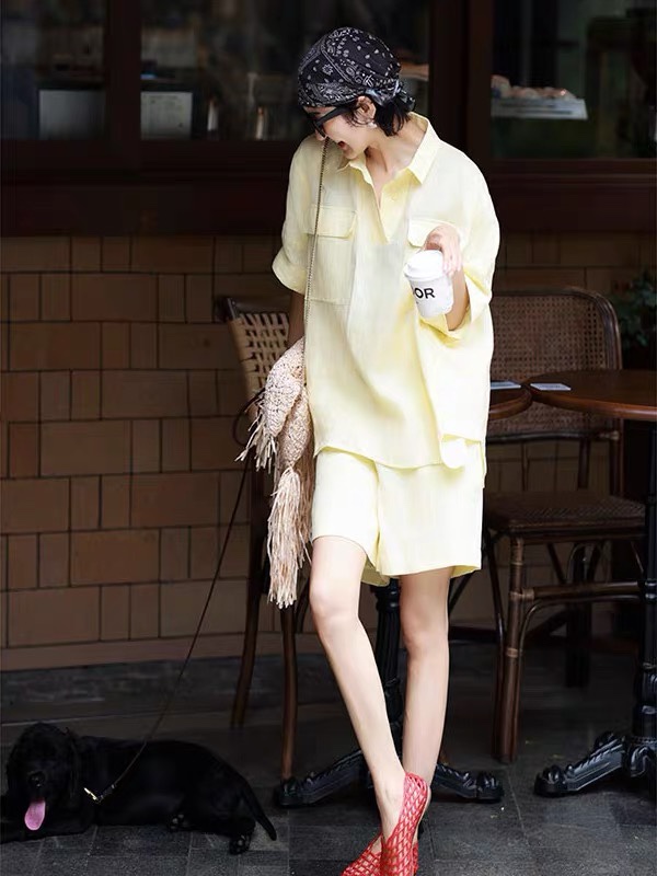 Women’s Linen Coats Set with 2025 Yellow Half-Sleeves: Sizes SMLXL, Matching Bras & Pants - 图片 2