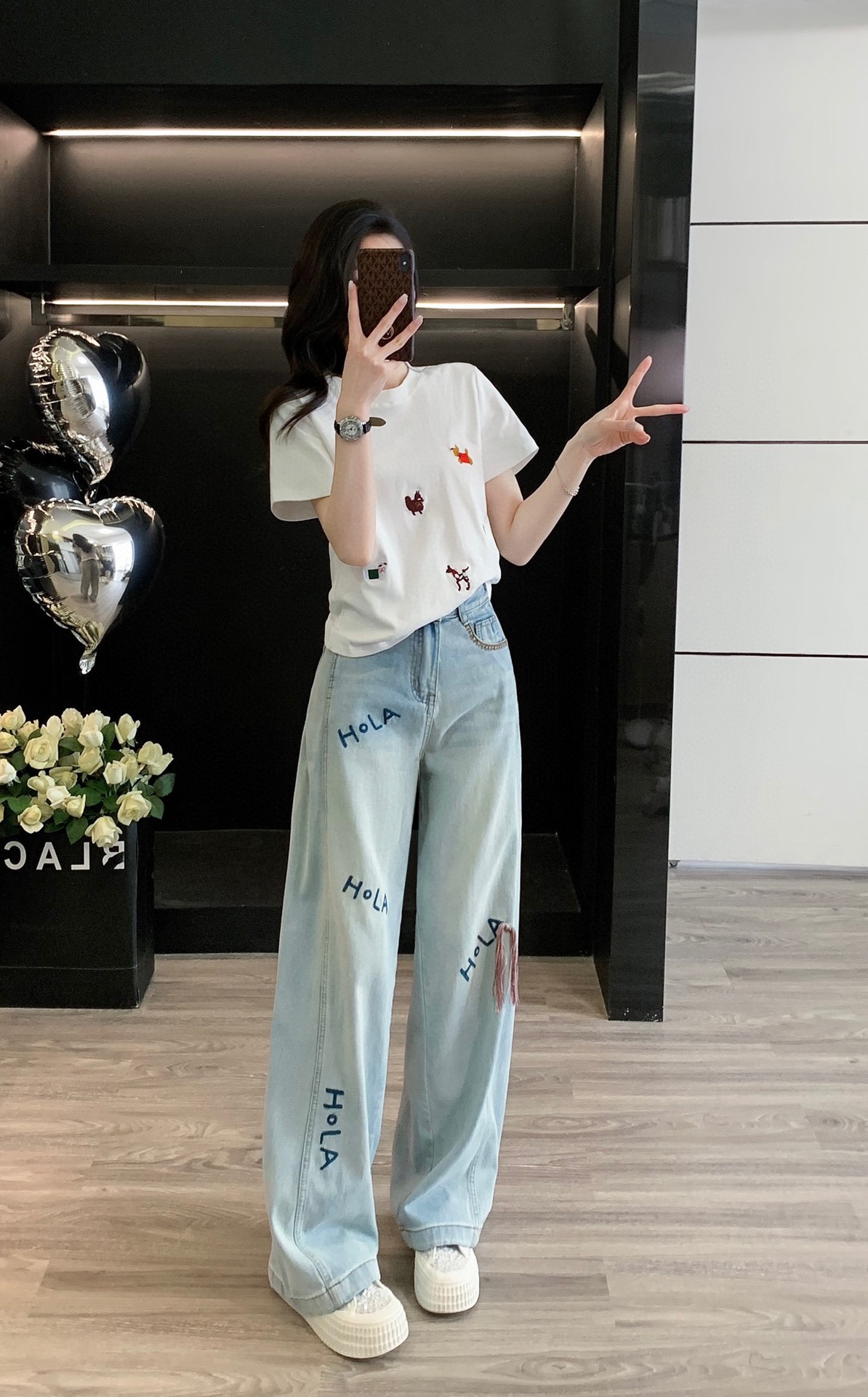 High-Quality Female Suit with Exchange Support: Summer Embroidered T-Shirt Jeans Suit. - 图片 4