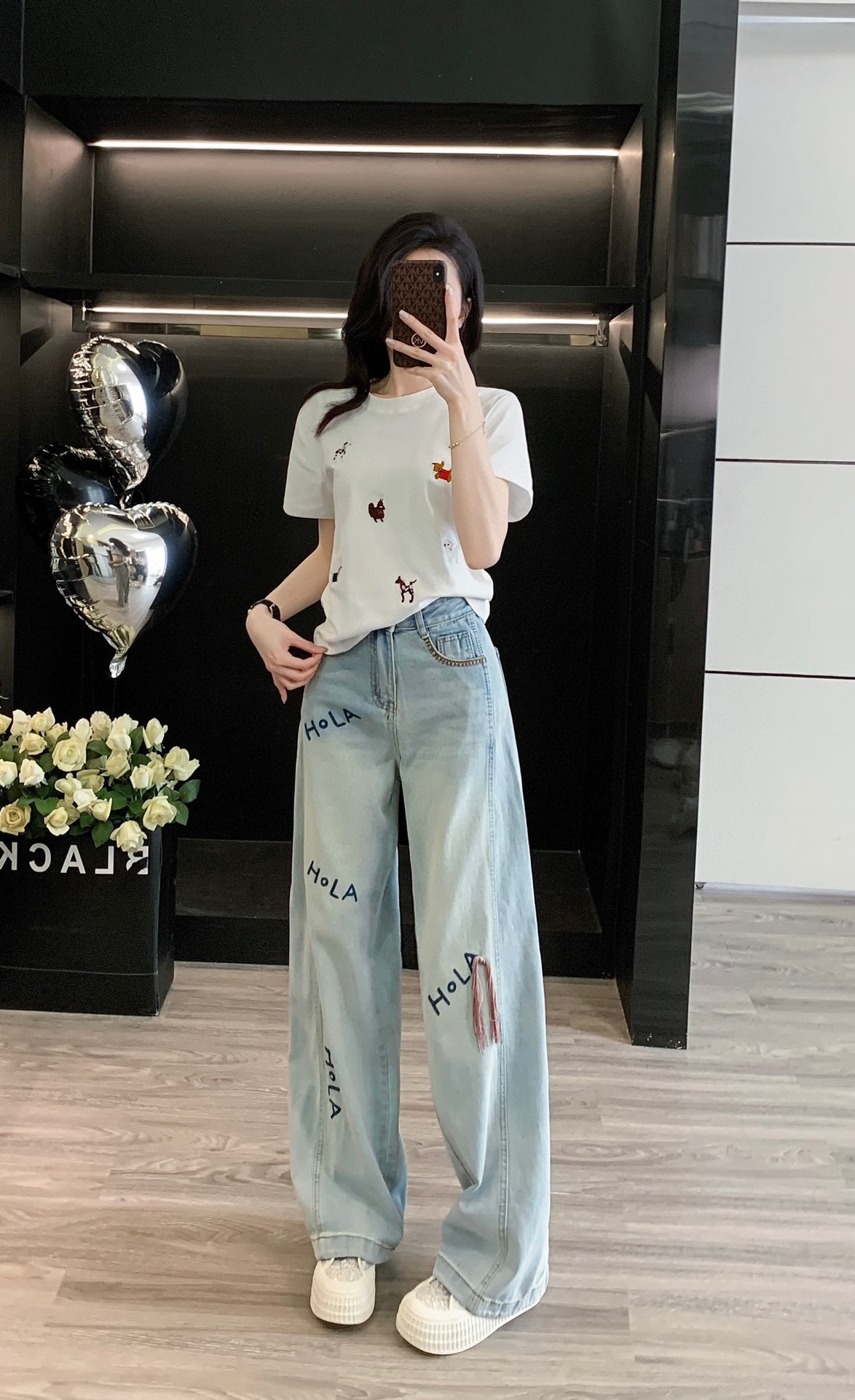 High-Quality Female Suit with Exchange Support: Summer Embroidered T-Shirt Jeans Suit. - 图片 3