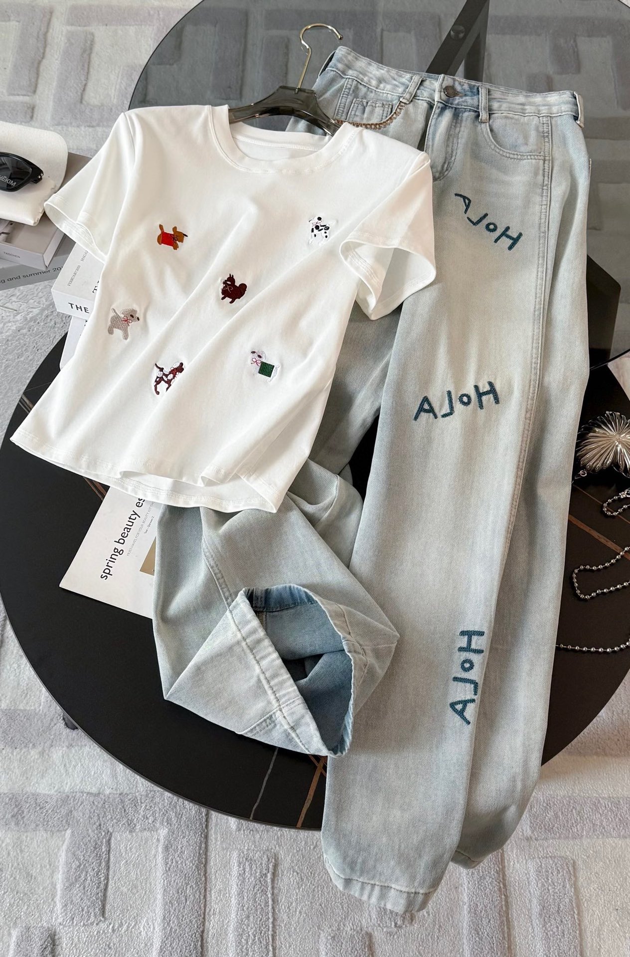 High-Quality Female Suit with Exchange Support: Summer Embroidered T-Shirt Jeans Suit. - 图片 8